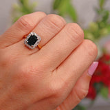 Ellibelle Jewellery Vintage 1963 Emerald-Cut Sapphire & Diamond 18ct Gold Cluster Ring