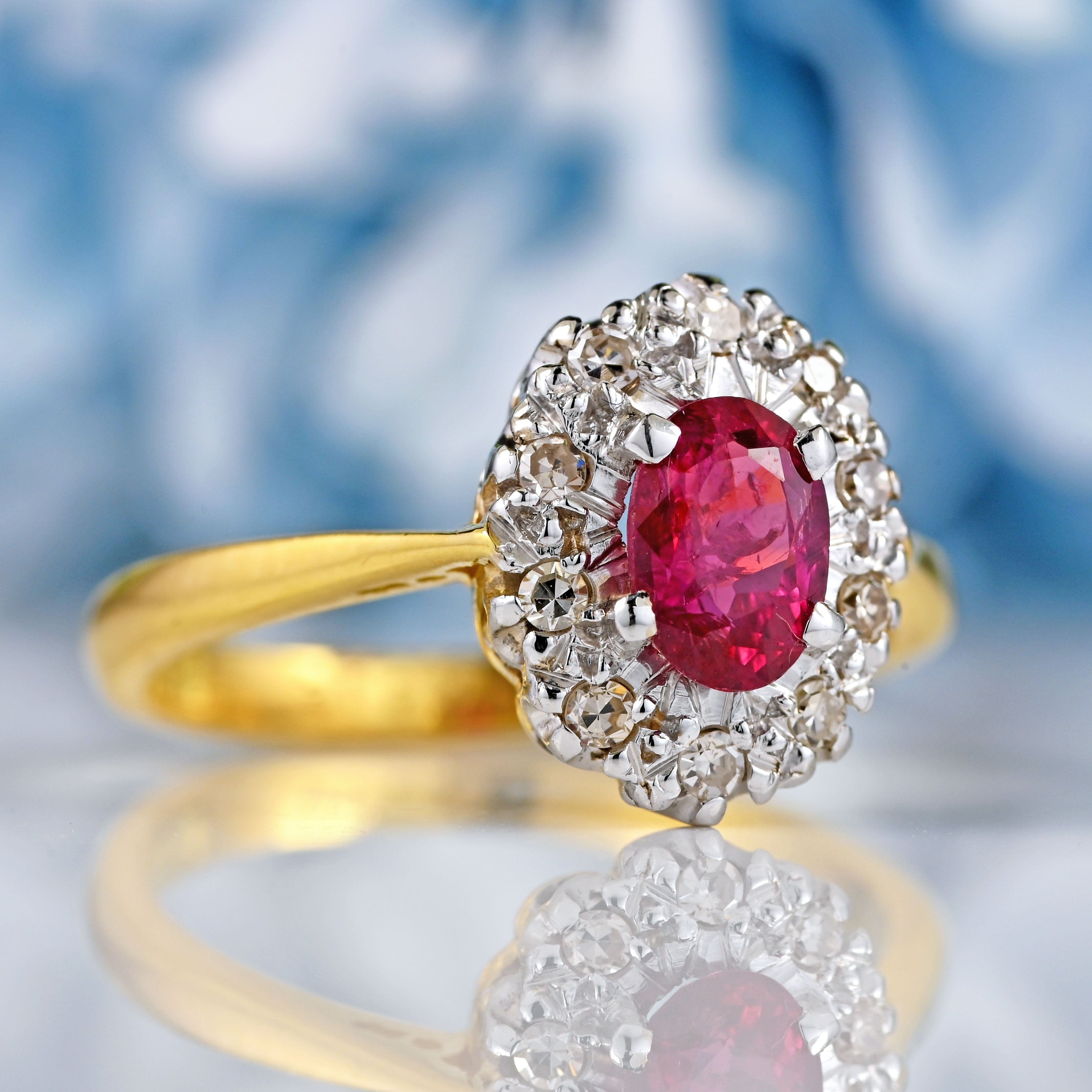 Ellibelle Jewellery Vintage 1963 Ruby & Diamond 18ct Gold Oval Cluster Ring