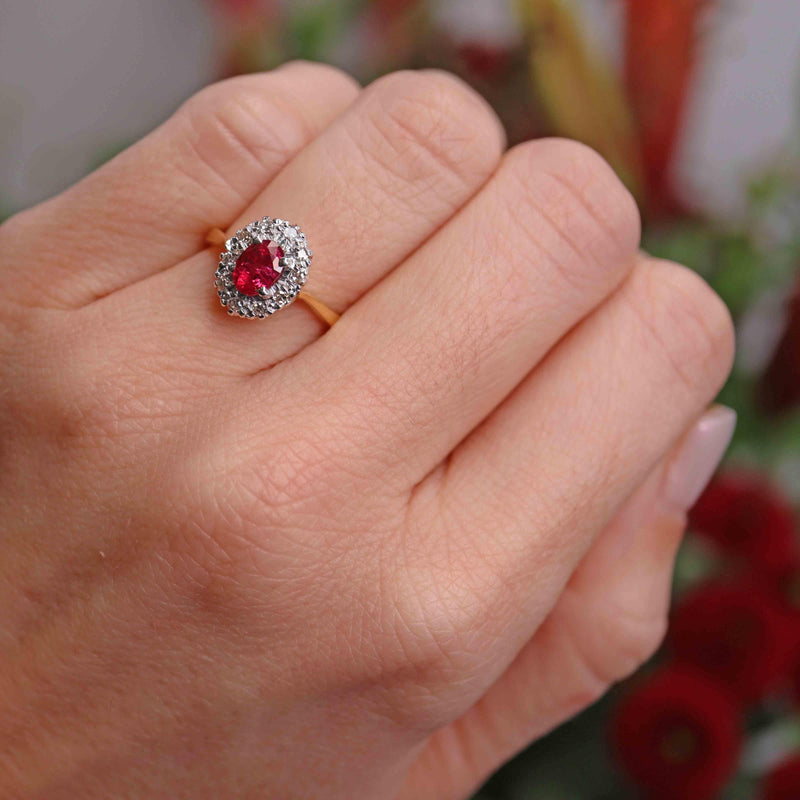 Ellibelle Jewellery Vintage 1963 Ruby & Diamond 18ct Gold Oval Cluster Ring