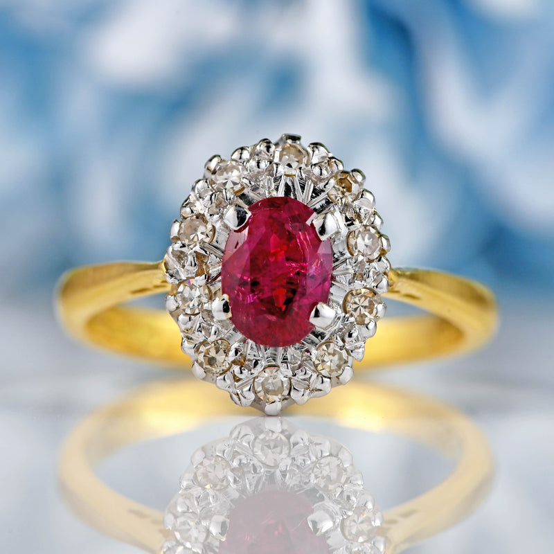 Ellibelle Jewellery Vintage 1963 Ruby & Diamond 18ct Gold Oval Cluster Ring