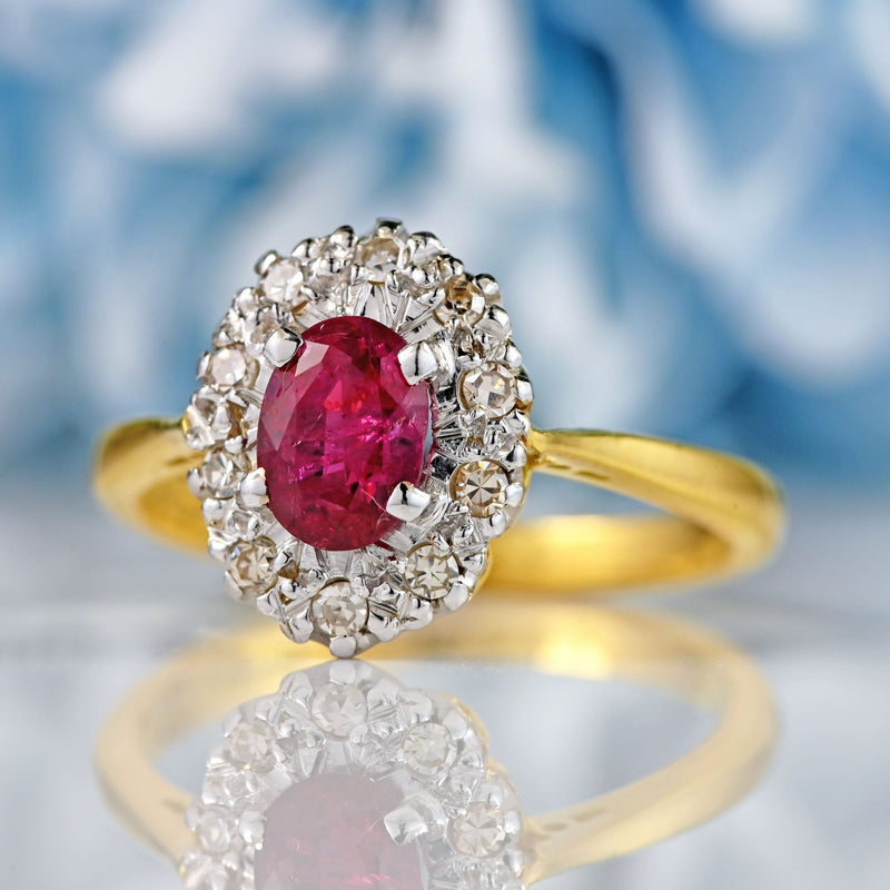 Ellibelle Jewellery Vintage 1963 Ruby & Diamond 18ct Gold Oval Cluster Ring