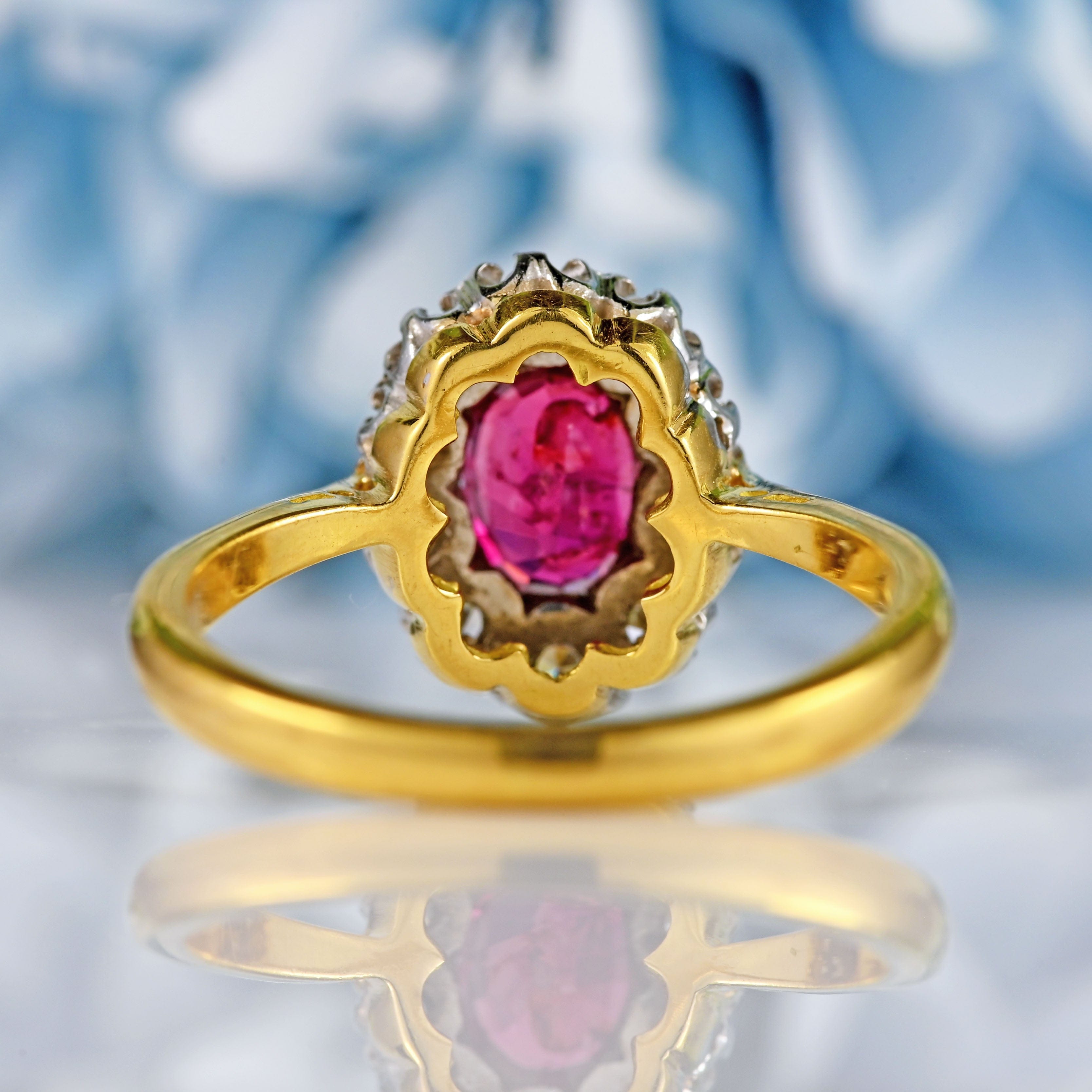 Ellibelle Jewellery Vintage 1963 Ruby & Diamond 18ct Gold Oval Cluster Ring