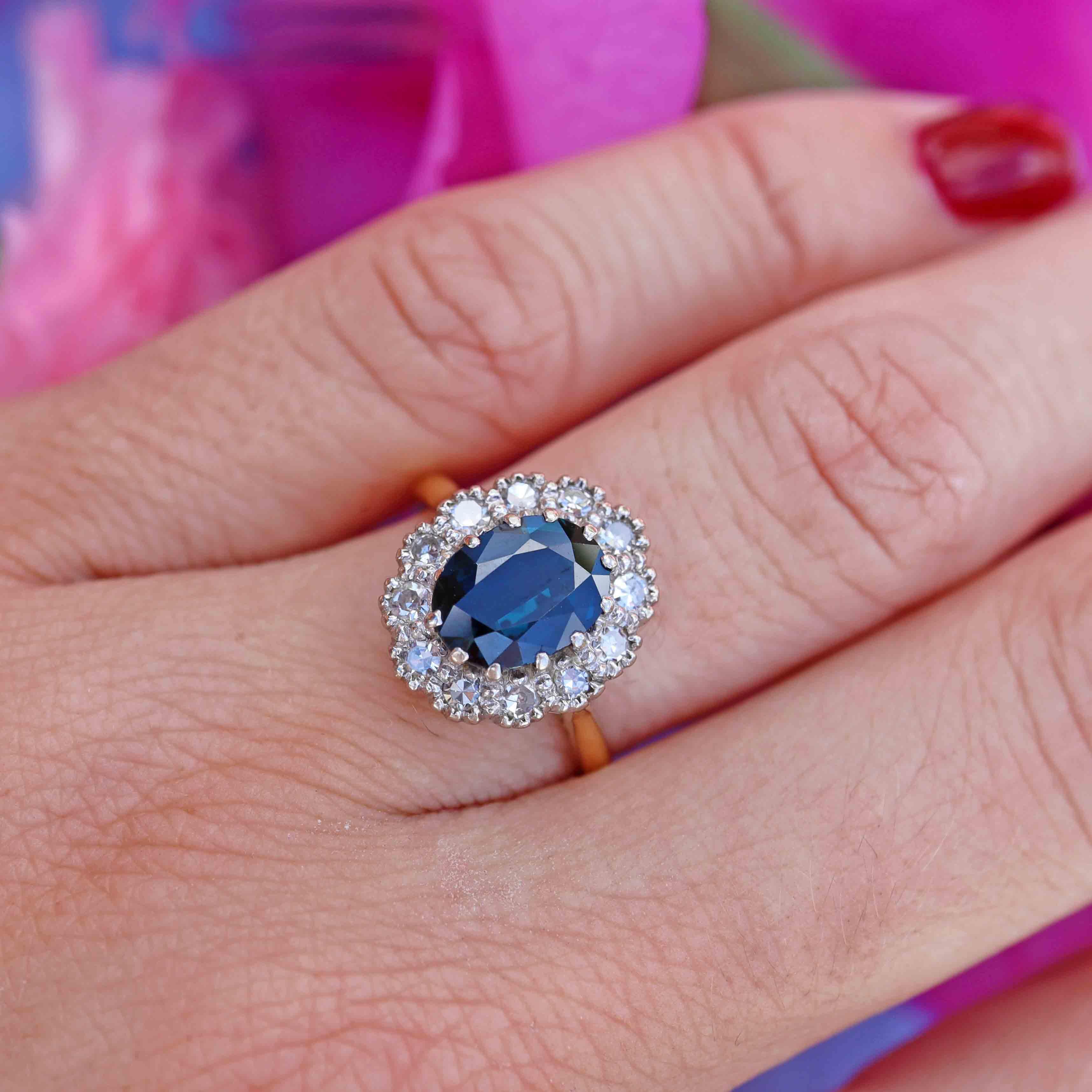 Ellibelle Jewellery Vintage 1963 Sapphire & Diamond 18ct Gold Cluster Ring