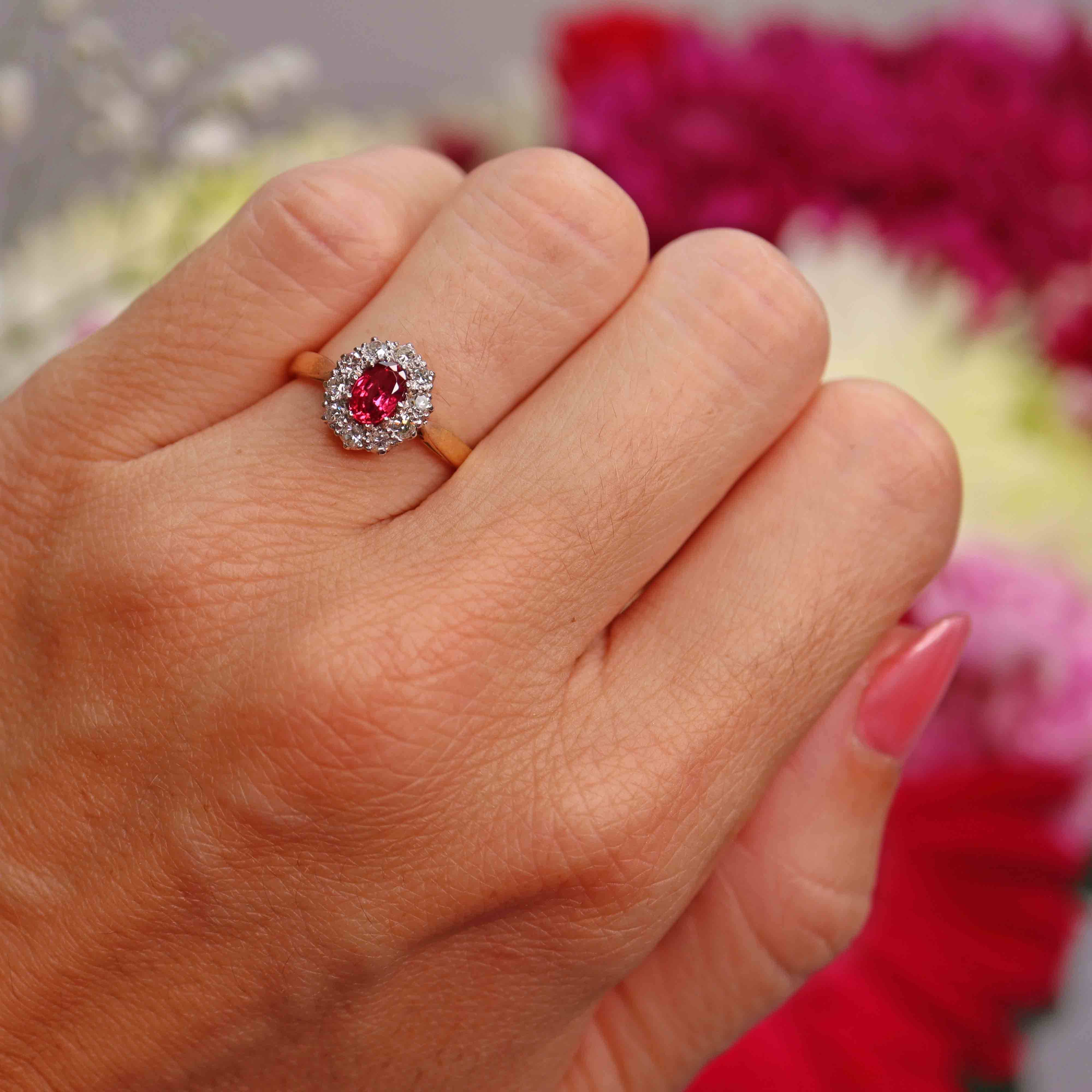 Ellibelle Jewellery Vintage 1964 Ruby & Diamond 18ct Gold Platinum Cluster Ring