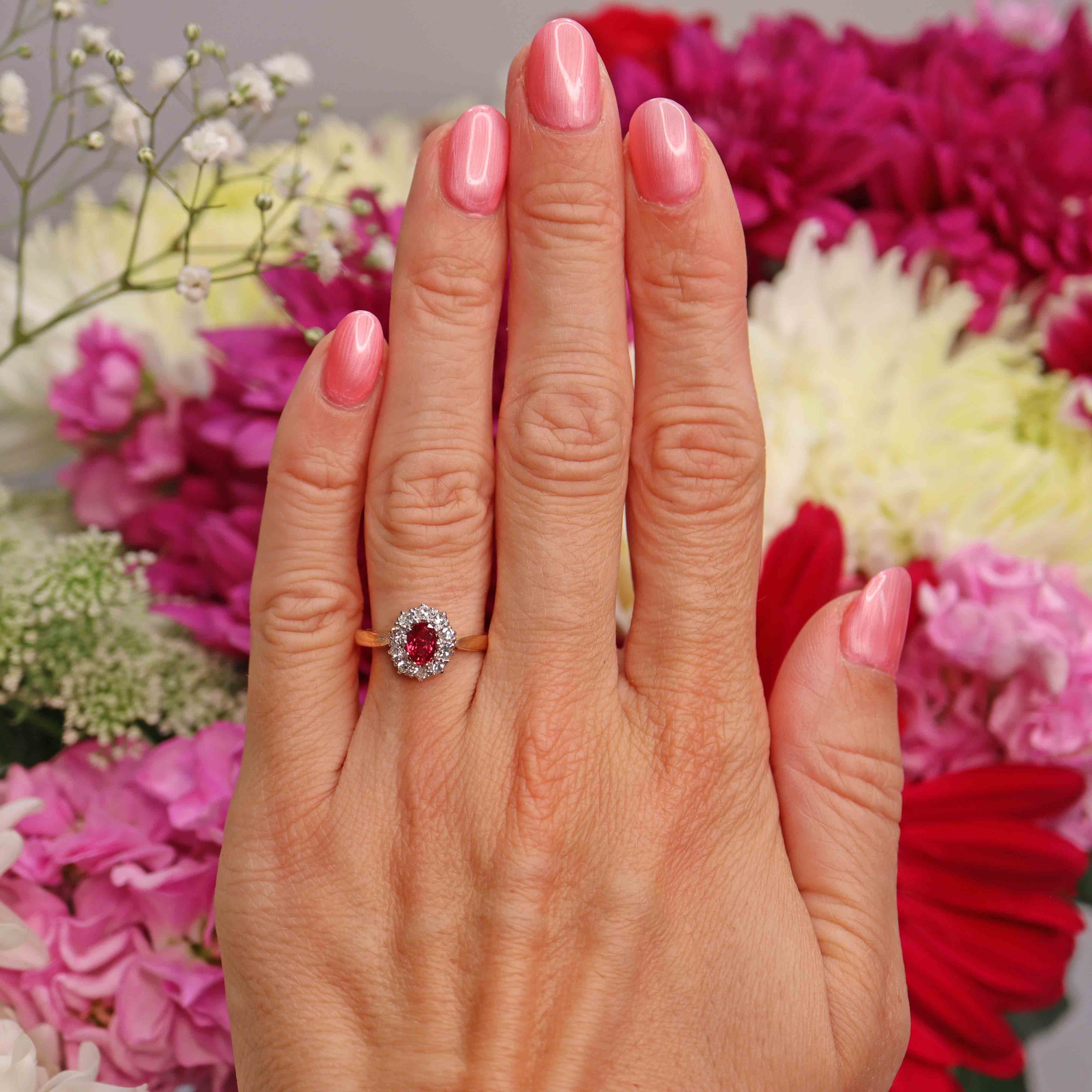 Ellibelle Jewellery Vintage 1964 Ruby & Diamond 18ct Gold Platinum Cluster Ring