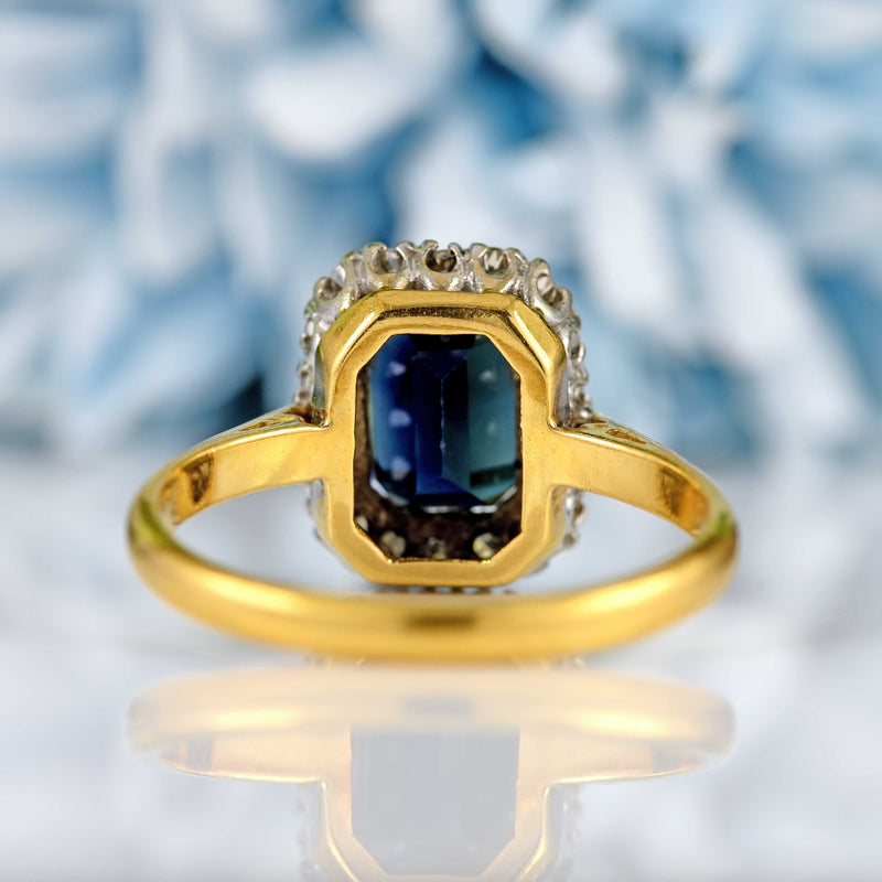 Ellibelle Jewellery Vintage 1966 Emerald-Cut Sapphire & Diamond 18ct Gold Cluster Ring