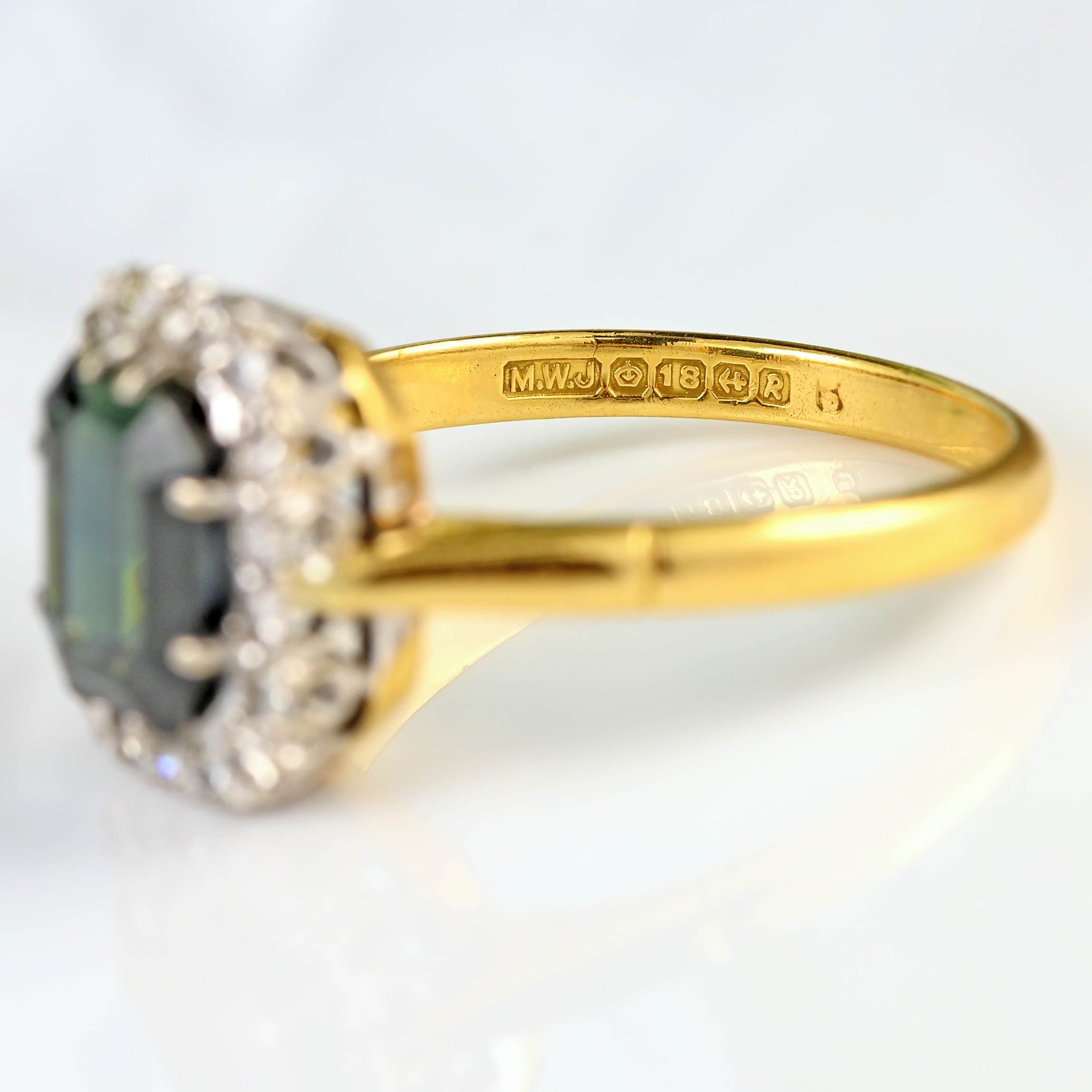 Ellibelle Jewellery Vintage 1966 Emerald-Cut Sapphire & Diamond 18ct Gold Cluster Ring