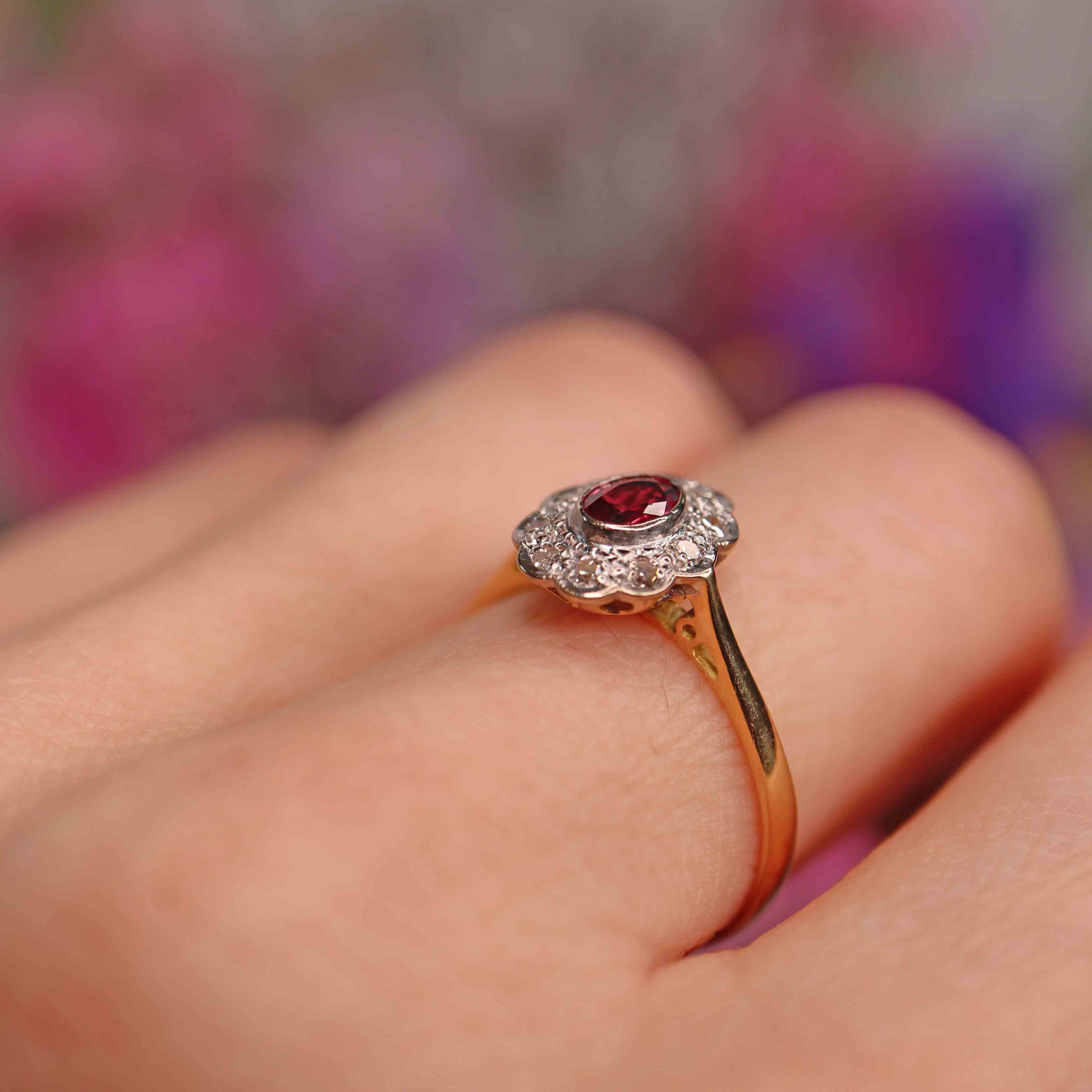 Ellibelle Jewellery Vintage 1966 Ruby & Diamond 18ct Gold & Platinum Cluster Ring