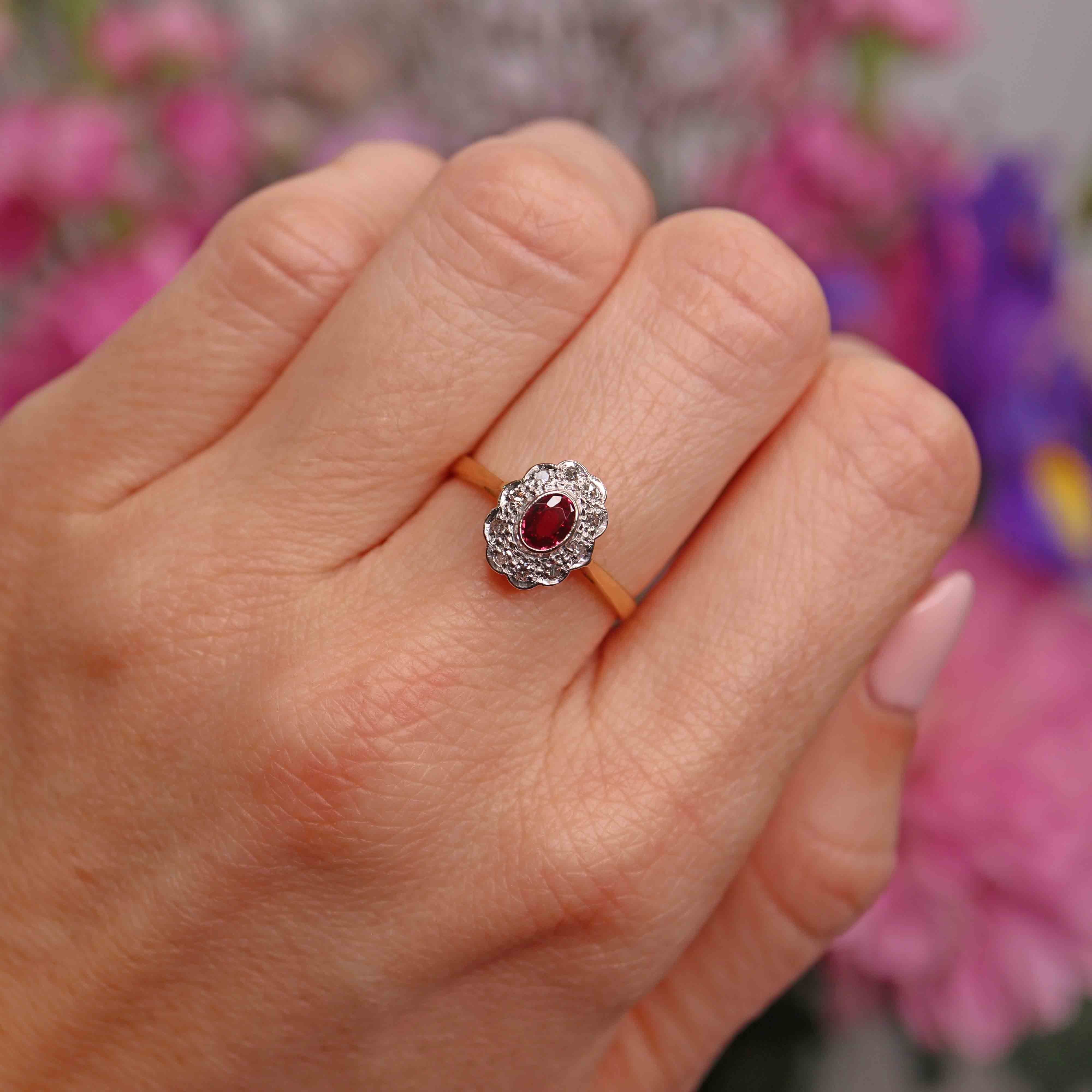 Ellibelle Jewellery Vintage 1966 Ruby & Diamond 18ct Gold & Platinum Cluster Ring