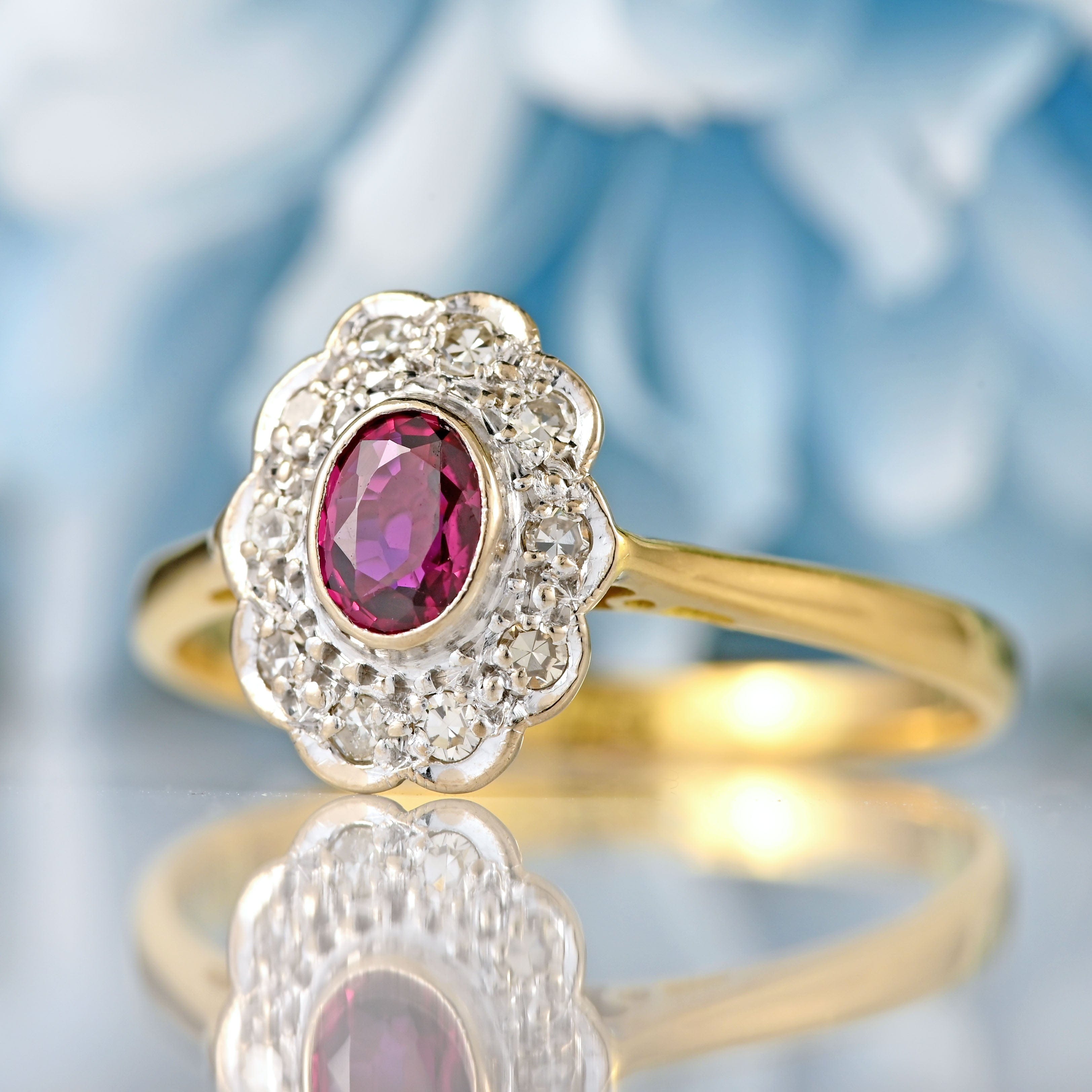 Ellibelle Jewellery Vintage 1966 Ruby & Diamond 18ct Gold & Platinum Cluster Ring