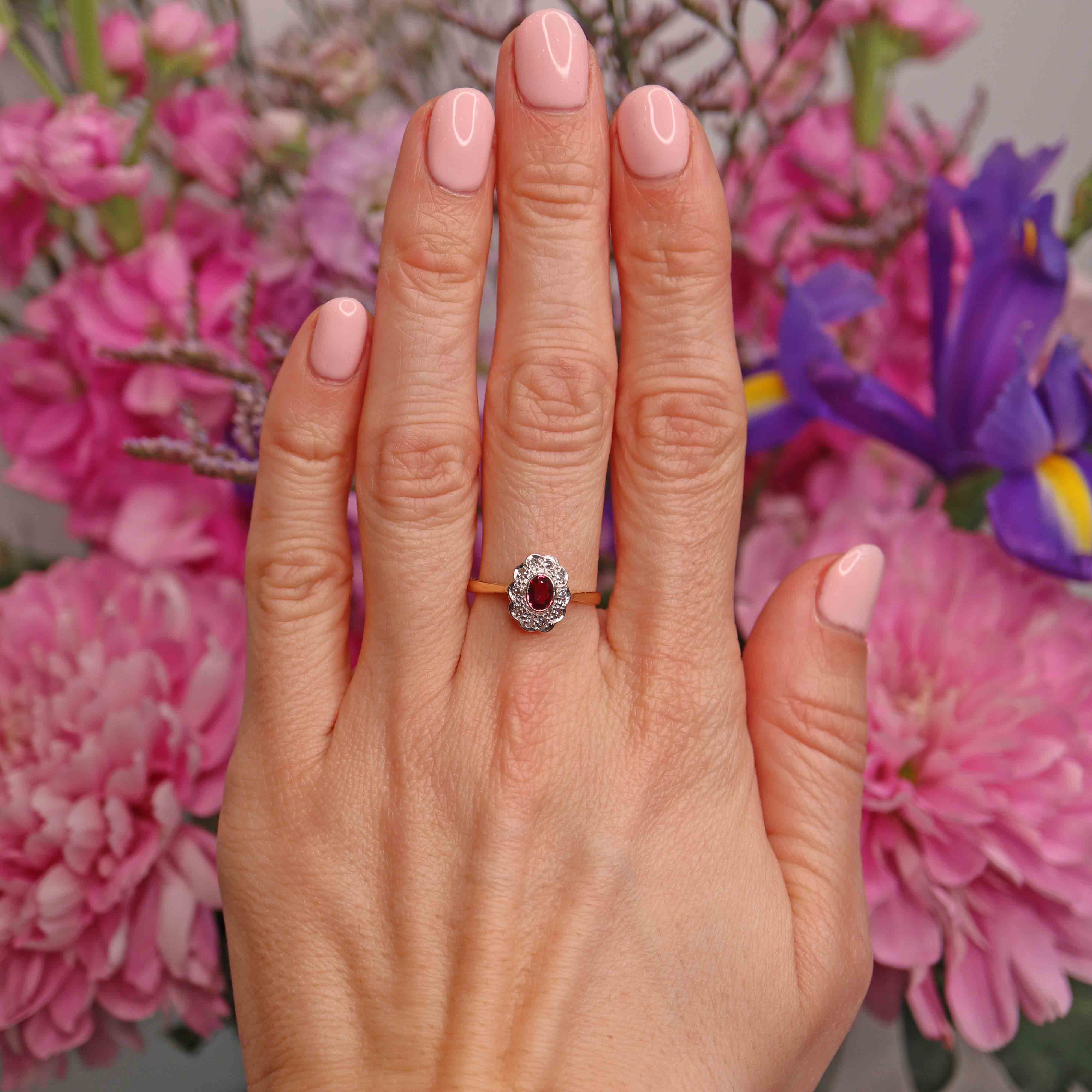 Ellibelle Jewellery Vintage 1966 Ruby & Diamond 18ct Gold & Platinum Cluster Ring