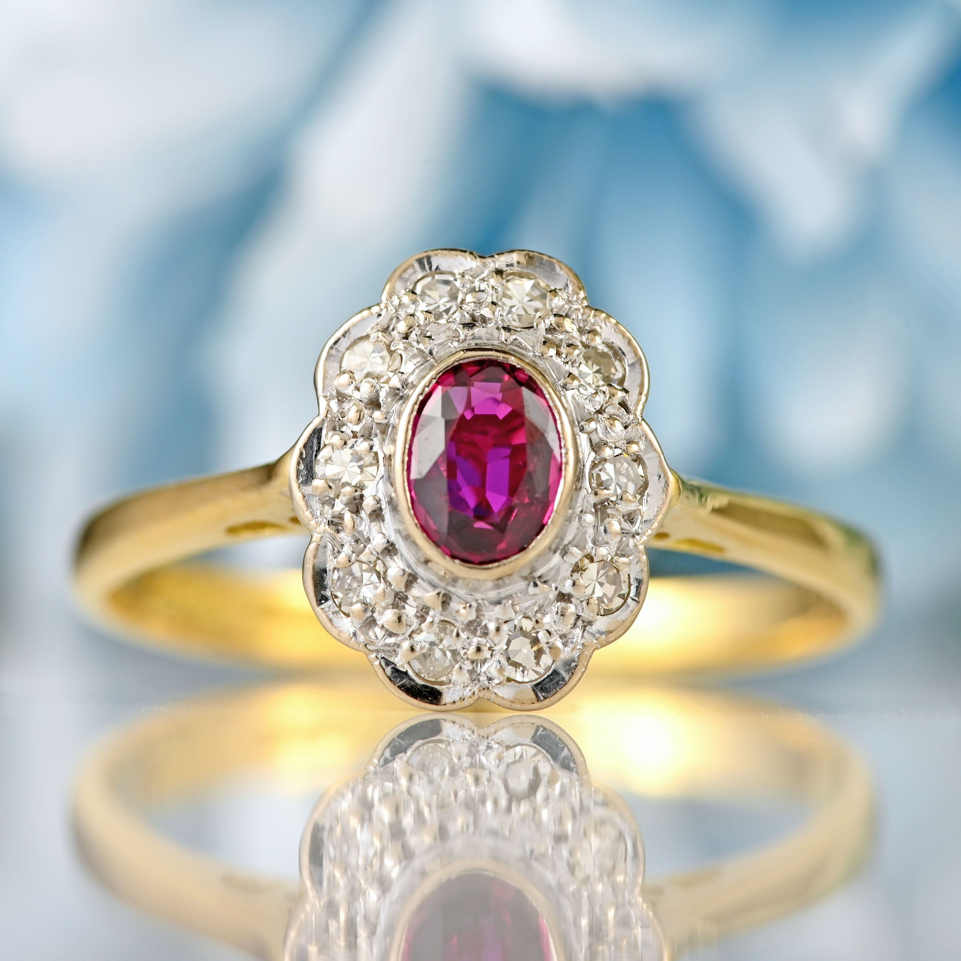 Ellibelle Jewellery Vintage 1966 Ruby & Diamond 18ct Gold & Platinum Cluster Ring