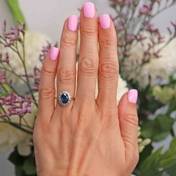 Ellibelle Jewellery Vintage 1967 Sapphire & Diamond 18ct Gold Oval Cluster Ring
