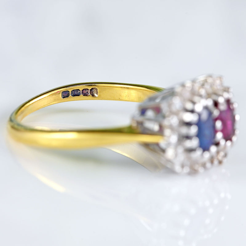 Ellibelle Jewellery Vintage 1969 Sapphire, Ruby & Diamond 18ct Gold Cluster Ring