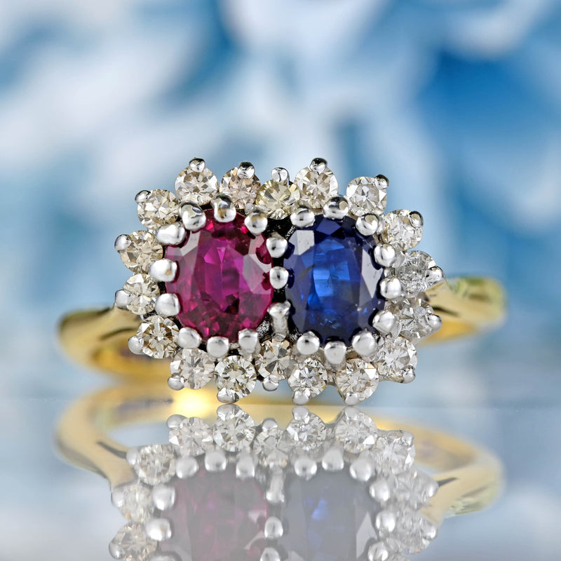 Ellibelle Jewellery Vintage 1969 Sapphire, Ruby & Diamond 18ct Gold Cluster Ring