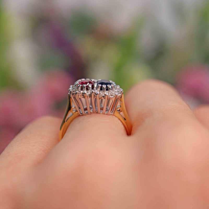 Ellibelle Jewellery Vintage 1969 Sapphire, Ruby & Diamond 18ct Gold Cluster Ring