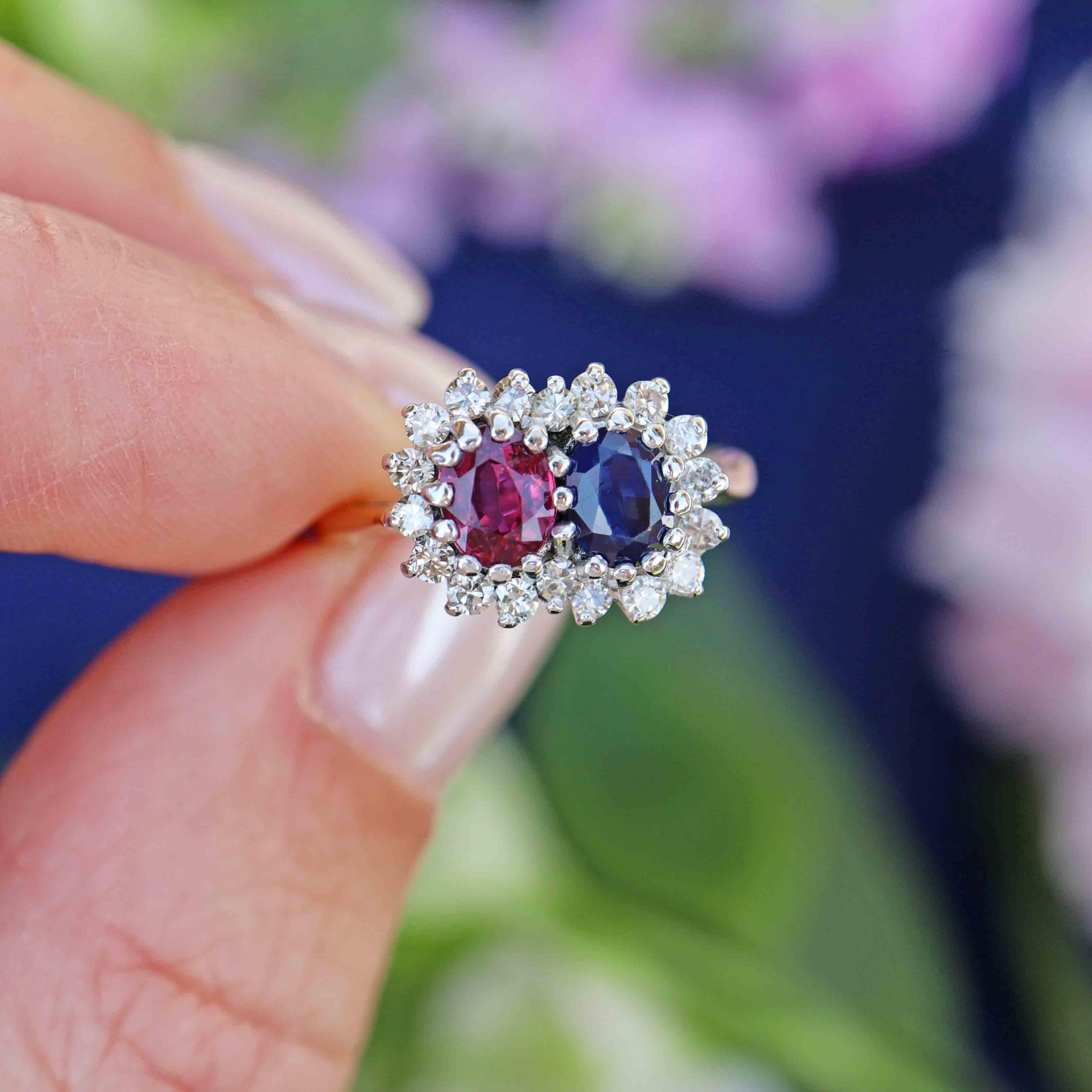 Ellibelle Jewellery Vintage 1969 Sapphire, Ruby & Diamond 18ct Gold Cluster Ring