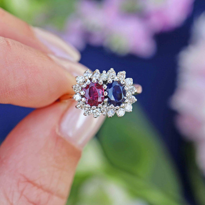 Ellibelle Jewellery Vintage 1969 Sapphire, Ruby & Diamond 18ct Gold Cluster Ring