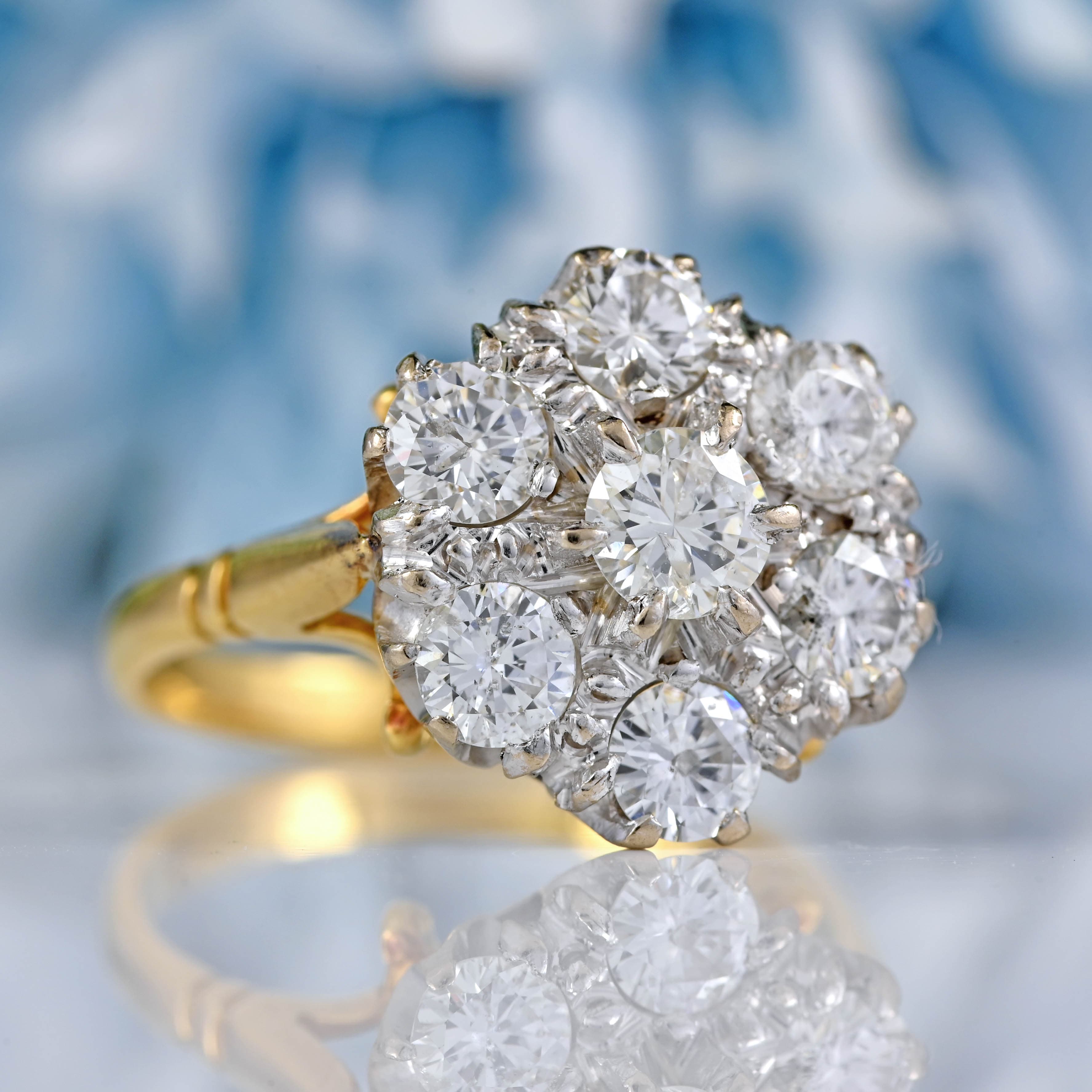 Ellibelle Jewellery Vintage 1970 Diamond 18ct Gold Daisy Cluster Engagement Ring (1.75ct)