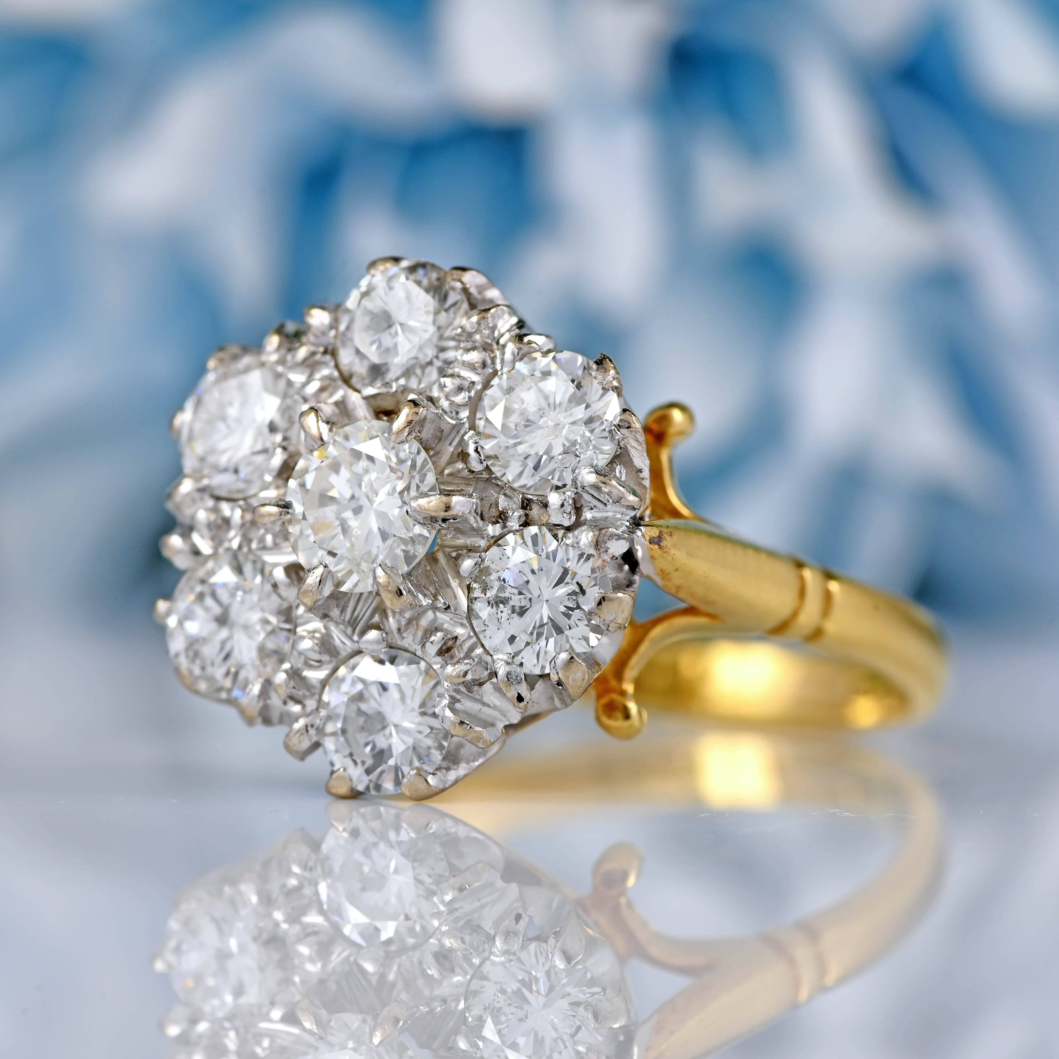 Ellibelle Jewellery Vintage 1970 Diamond 18ct Gold Daisy Cluster Engagement Ring (1.75ct)