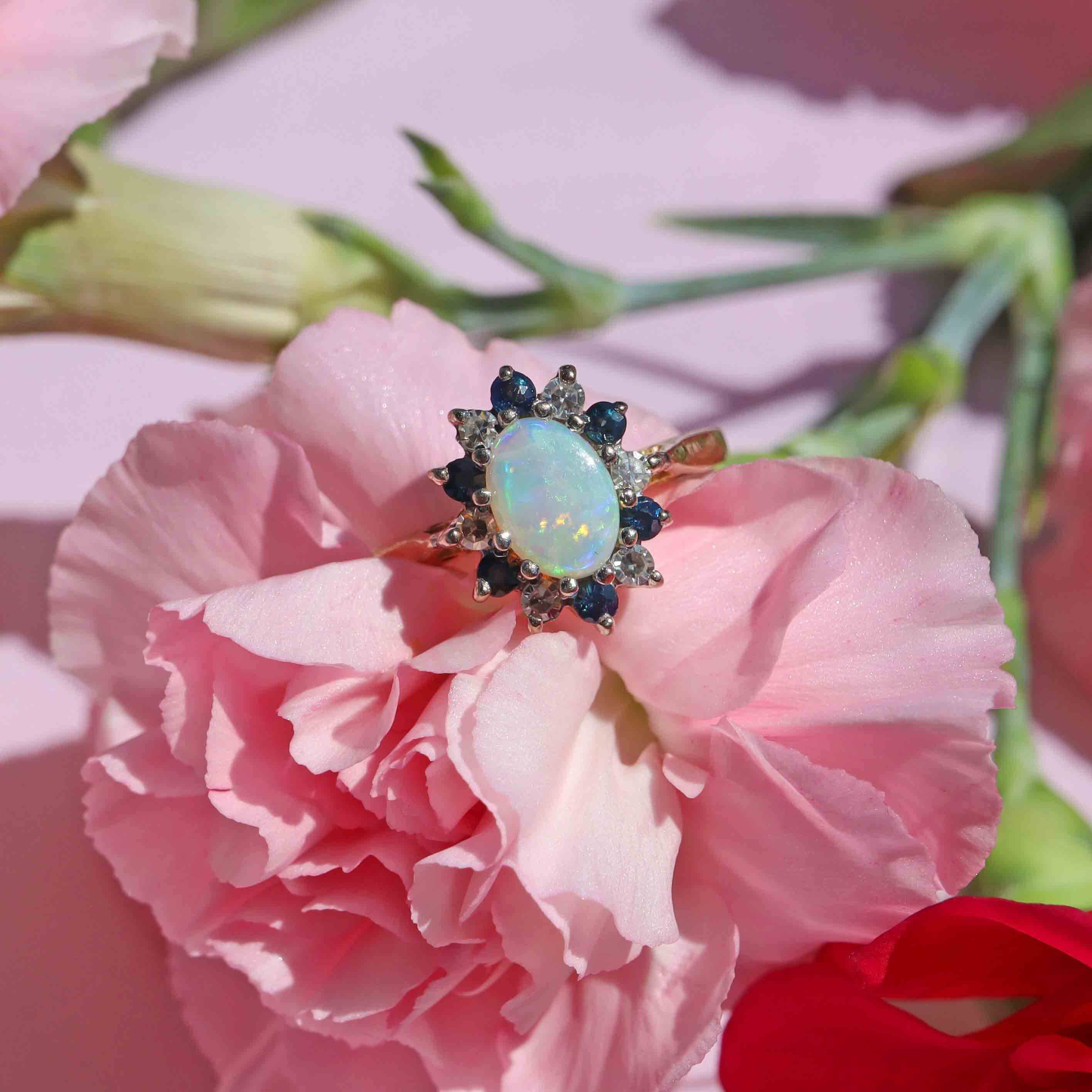 Ellibelle Jewellery Vintage 1970 Opal, Sapphire & Diamond 18ct Gold Cluster Ring