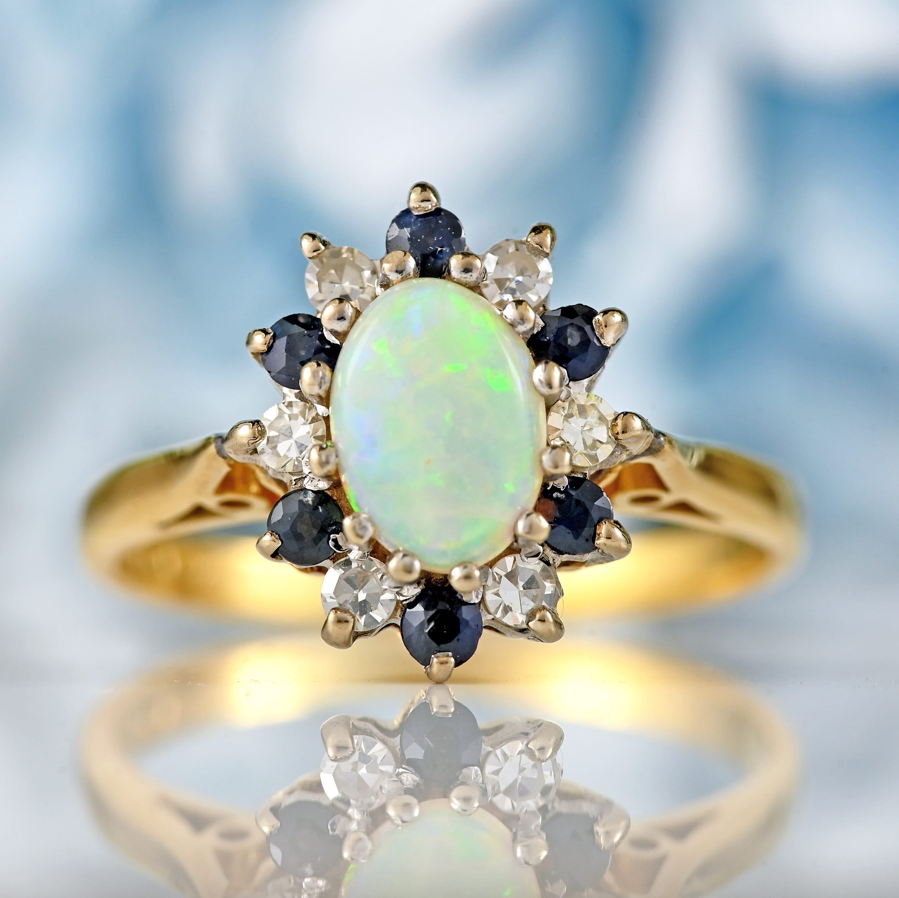 Ellibelle Jewellery Vintage 1970 Opal, Sapphire & Diamond 18ct Gold Cluster Ring