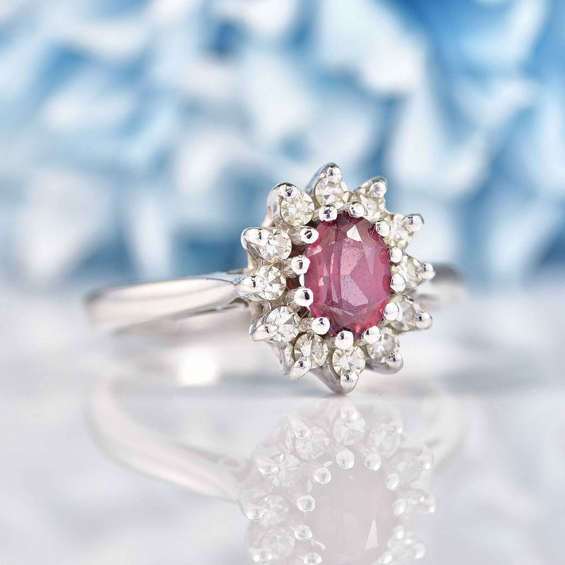 Ellibelle Jewellery Vintage 1970 Rhodolite Garnet & Diamond White Gold Cluster Engagement Ring