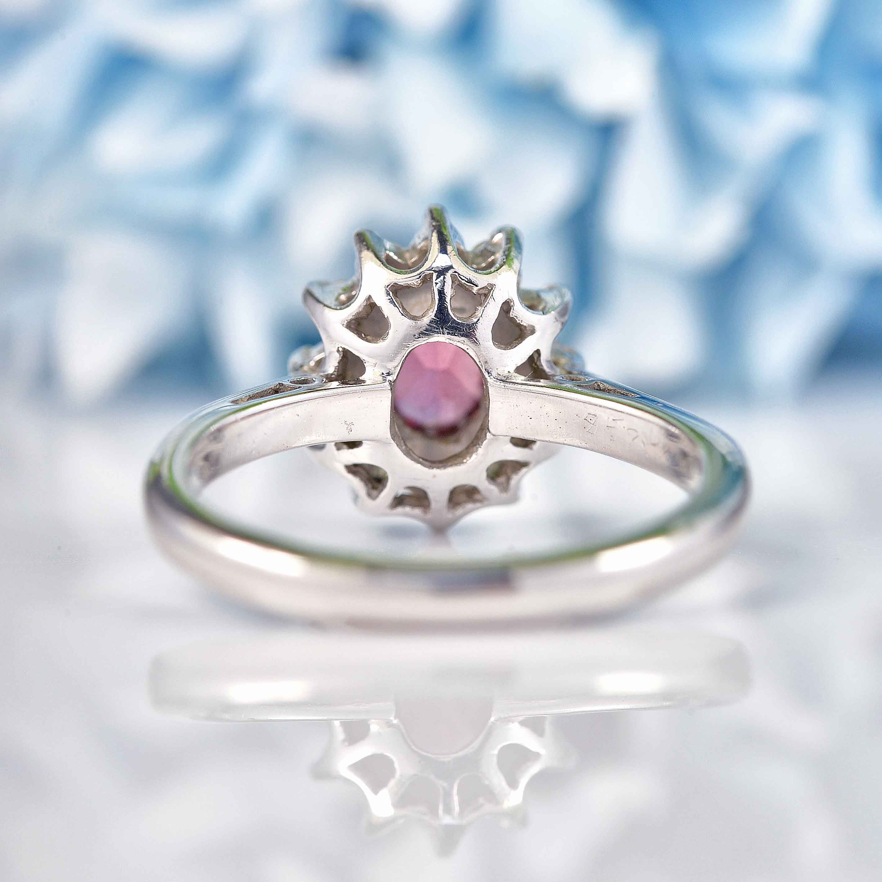 Ellibelle Jewellery Vintage 1970 Rhodolite Garnet & Diamond White Gold Cluster Engagement Ring