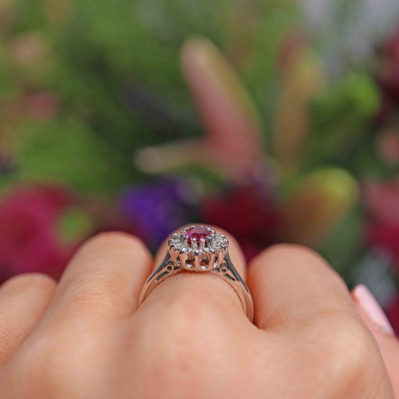 Ellibelle Jewellery Vintage 1970 Rhodolite Garnet & Diamond White Gold Cluster Engagement Ring