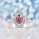 Ellibelle Jewellery Vintage 1970 Rhodolite Garnet & Diamond White Gold Cluster Engagement Ring