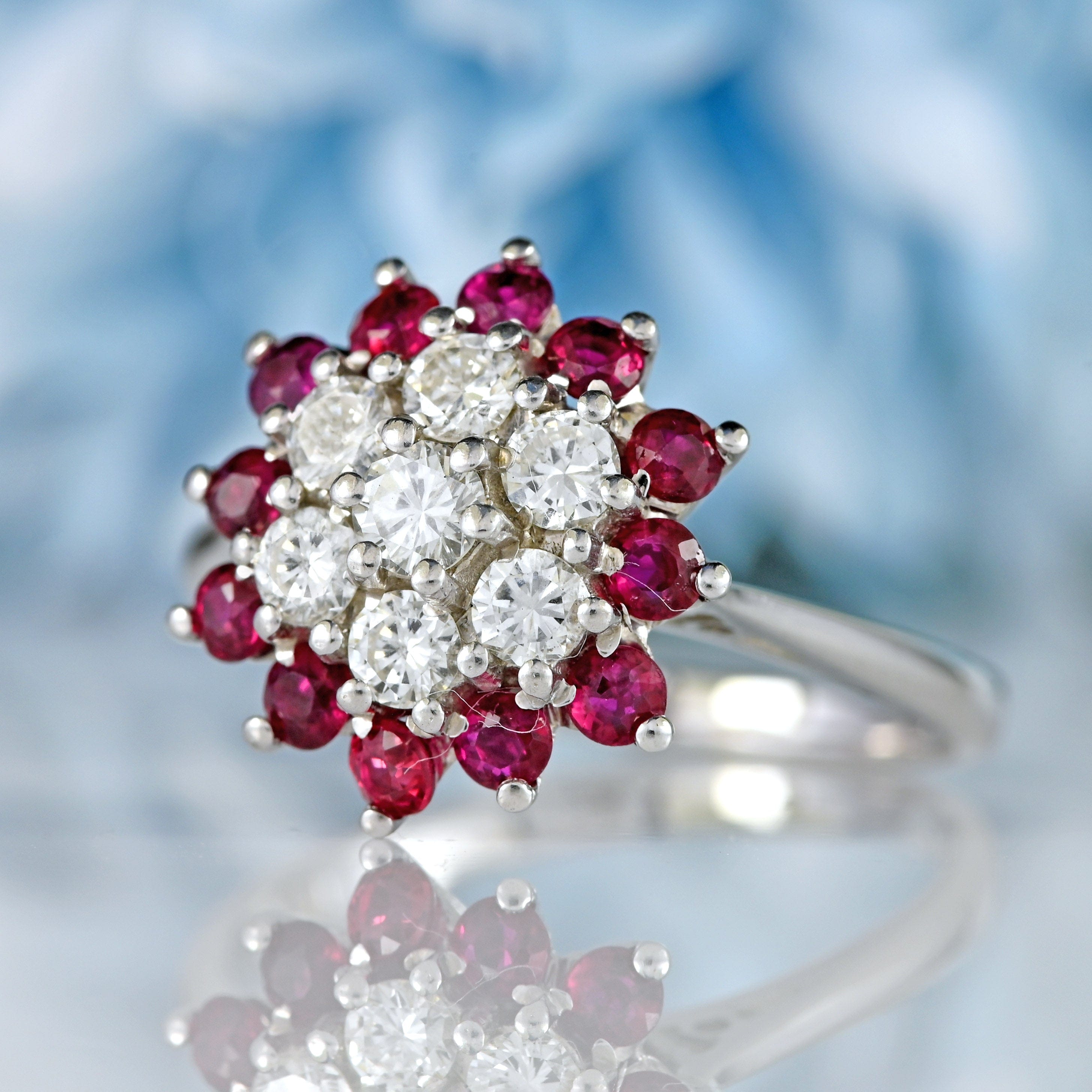 Ellibelle Jewellery Vintage 1970 Ruby & Diamond 18ct White Gold Cluster Ring