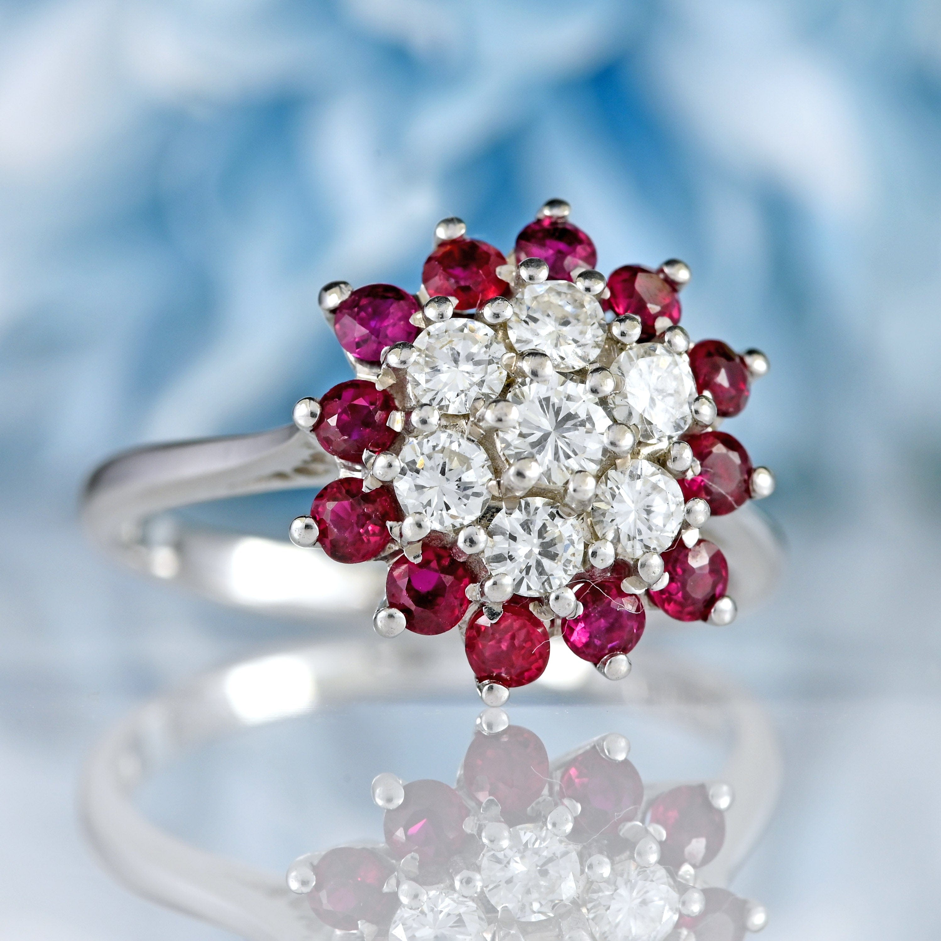 Ellibelle Jewellery Vintage 1970 Ruby & Diamond 18ct White Gold Cluster Ring