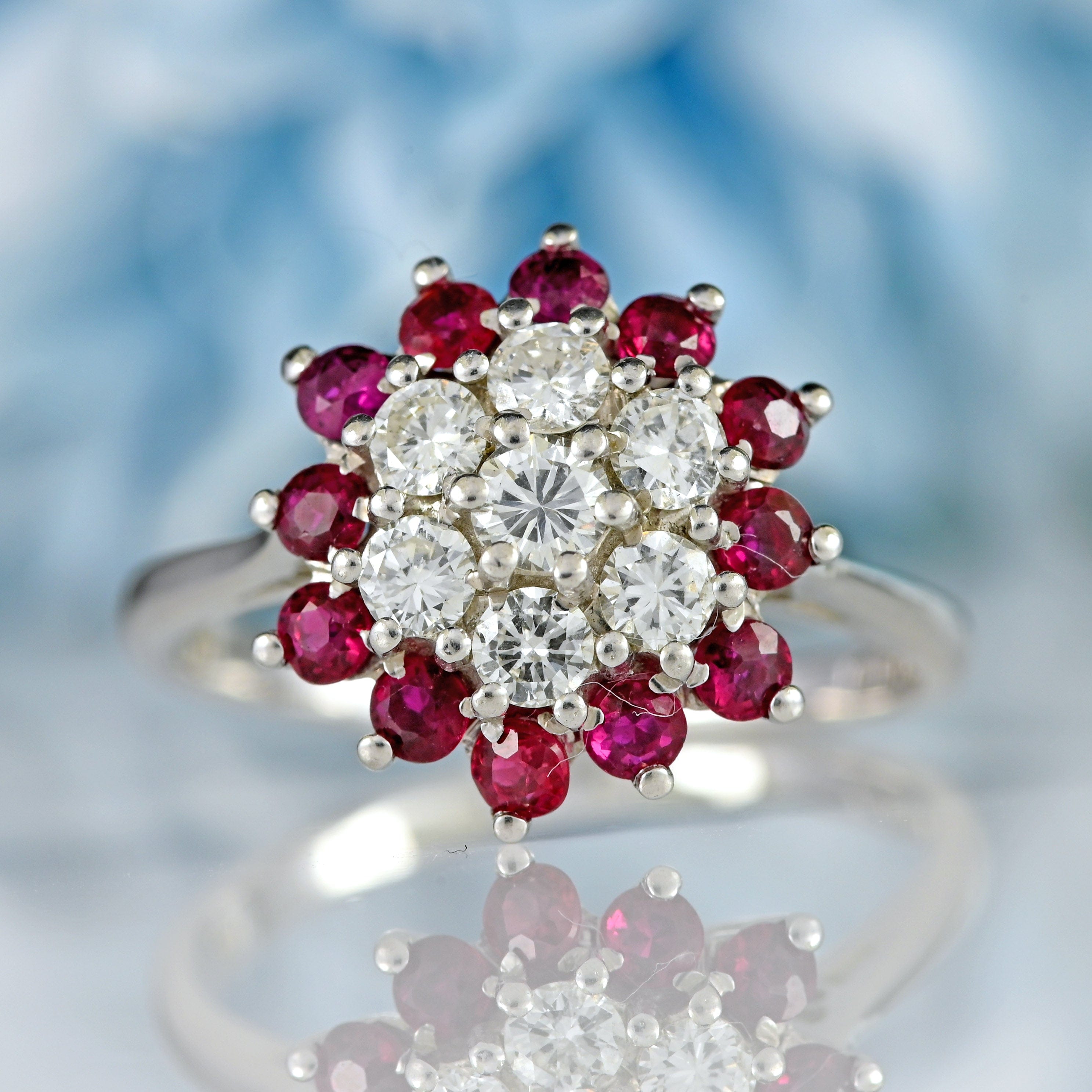 Ellibelle Jewellery Vintage 1970 Ruby & Diamond 18ct White Gold Cluster Ring