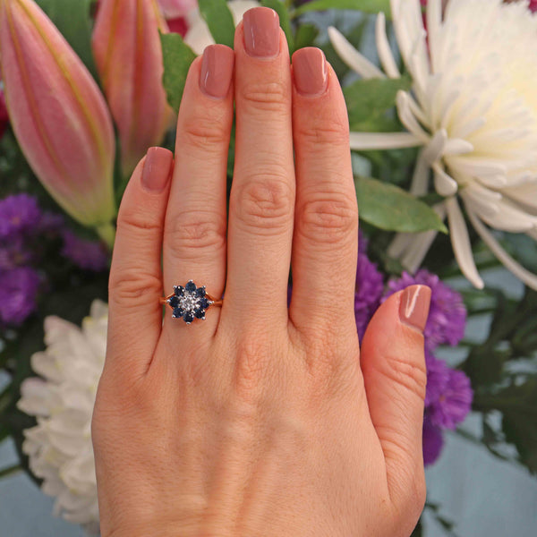 Ellibelle Jewellery Vintage 1970 Sapphire & Diamond Flower Cluster Ring