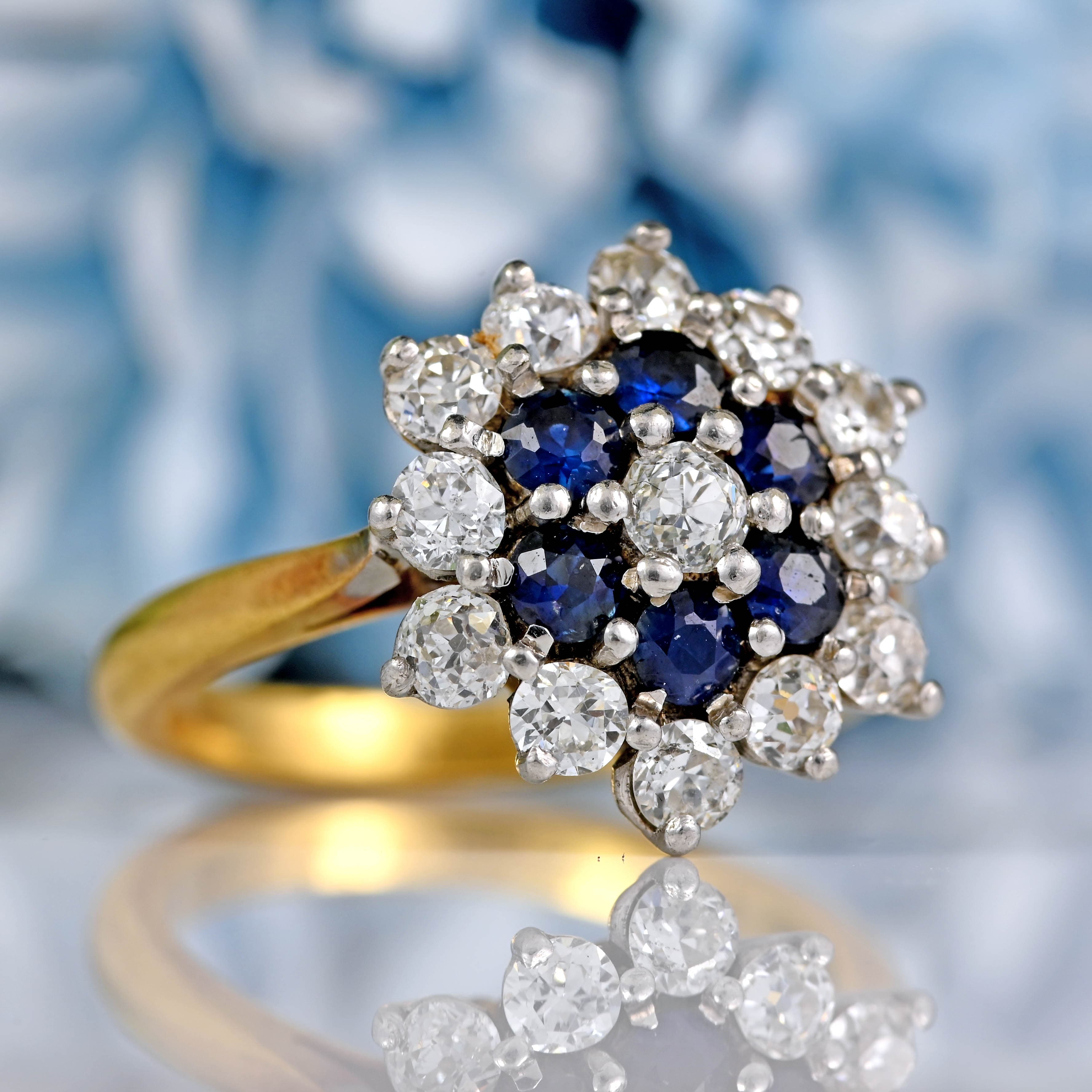 Ellibelle Jewellery Vintage 1970s Sapphire & Diamond 18ct Gold Platinum Cluster Ring