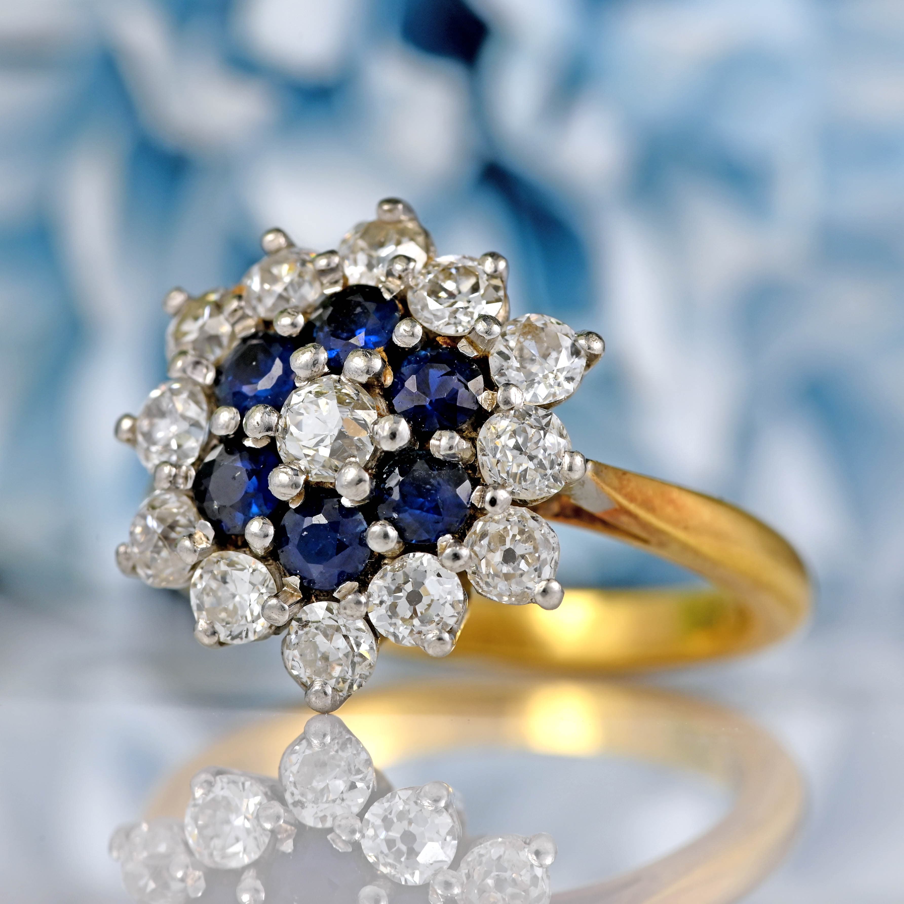 Ellibelle Jewellery Vintage 1970s Sapphire & Diamond 18ct Gold Platinum Cluster Ring