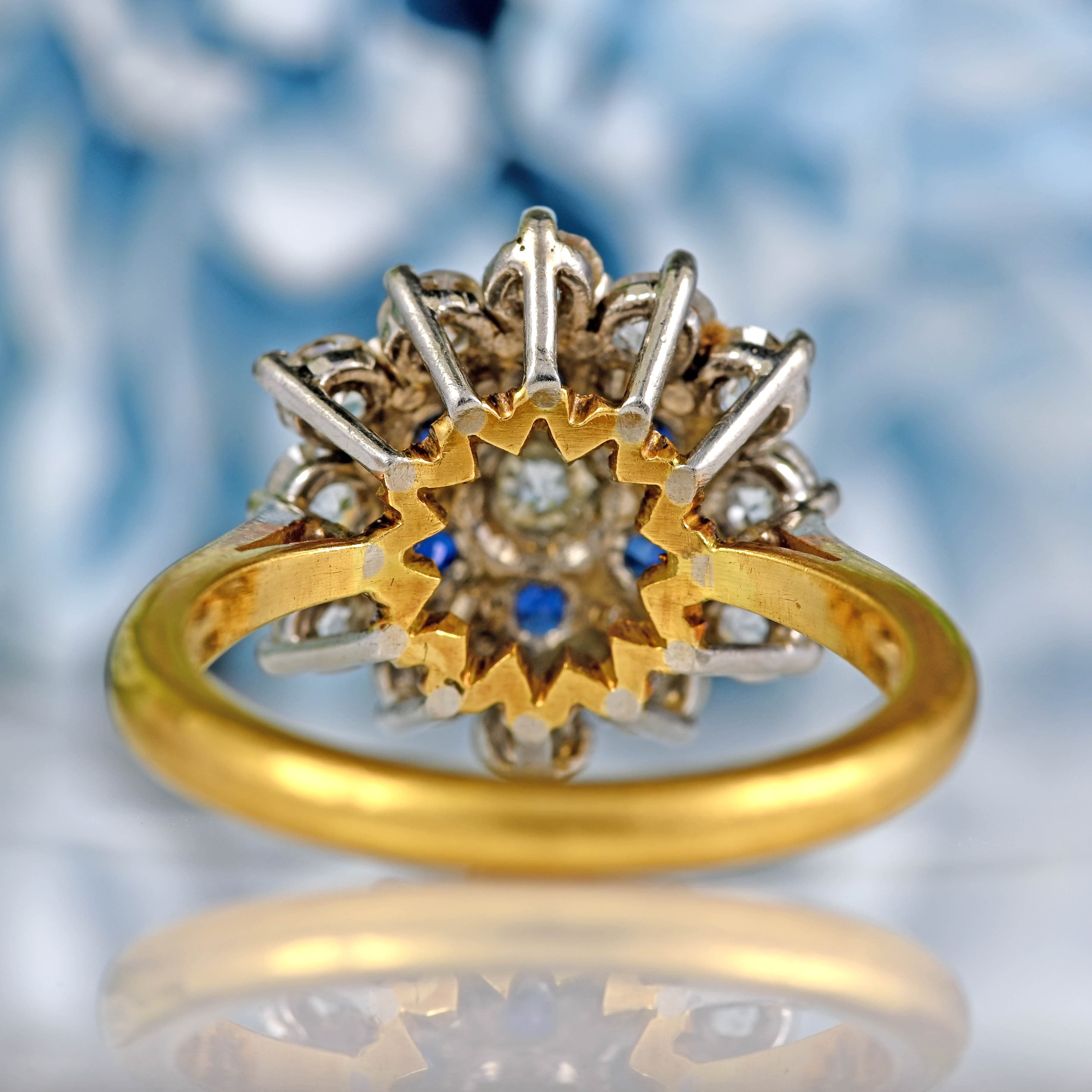 Ellibelle Jewellery Vintage 1970s Sapphire & Diamond 18ct Gold Platinum Cluster Ring