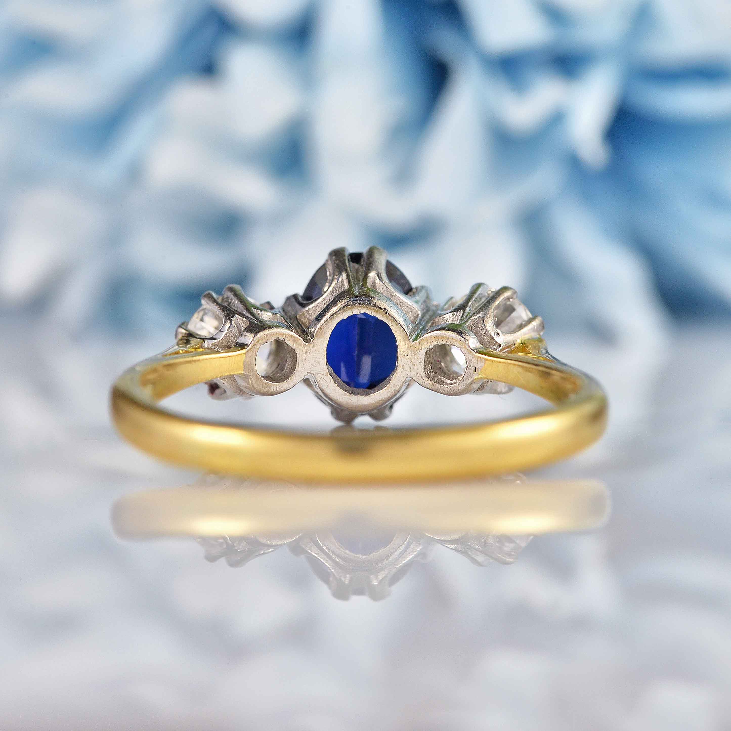 Ellibelle Jewellery Vintage 1970s Sapphire & Diamond Three-Stone Engagement Ring