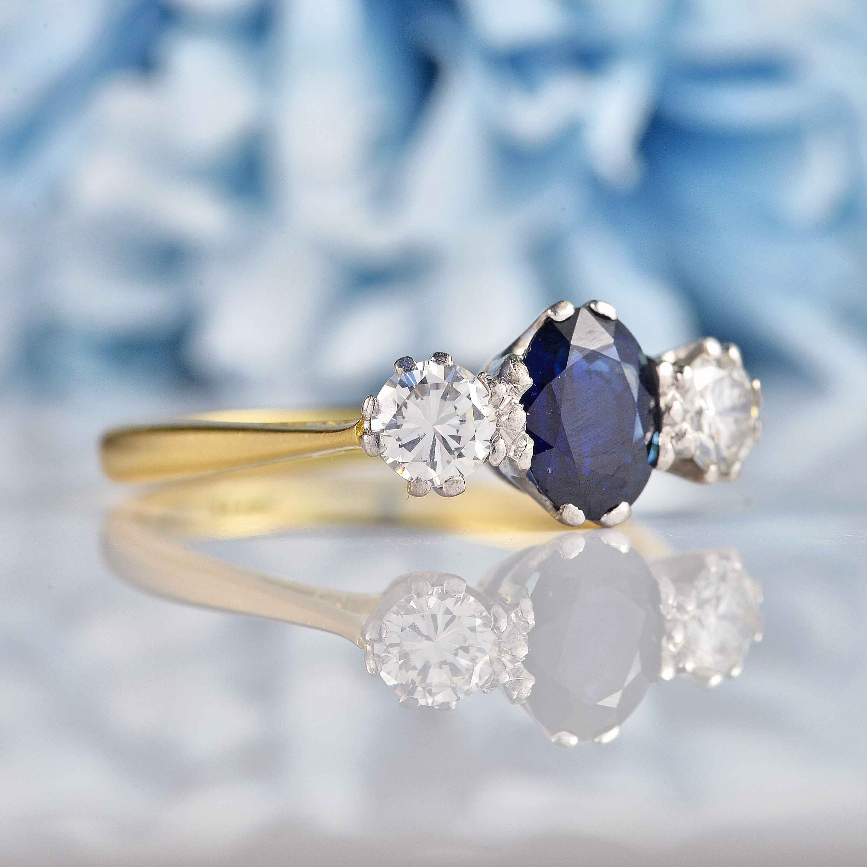 Ellibelle Jewellery Vintage 1970s Sapphire & Diamond Three-Stone Engagement Ring