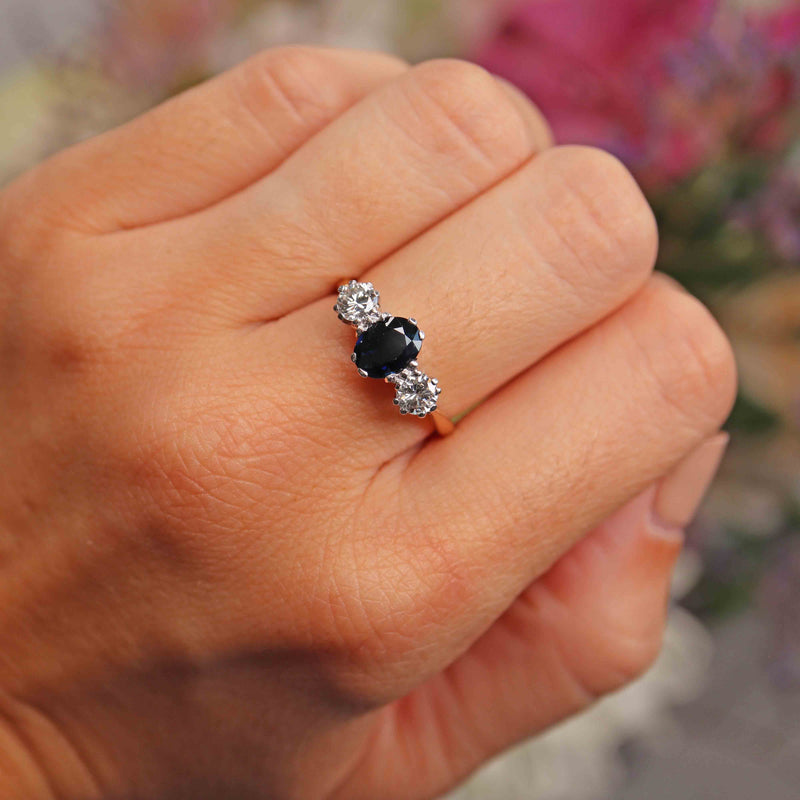 Ellibelle Jewellery Vintage 1970s Sapphire & Diamond Three-Stone Engagement Ring