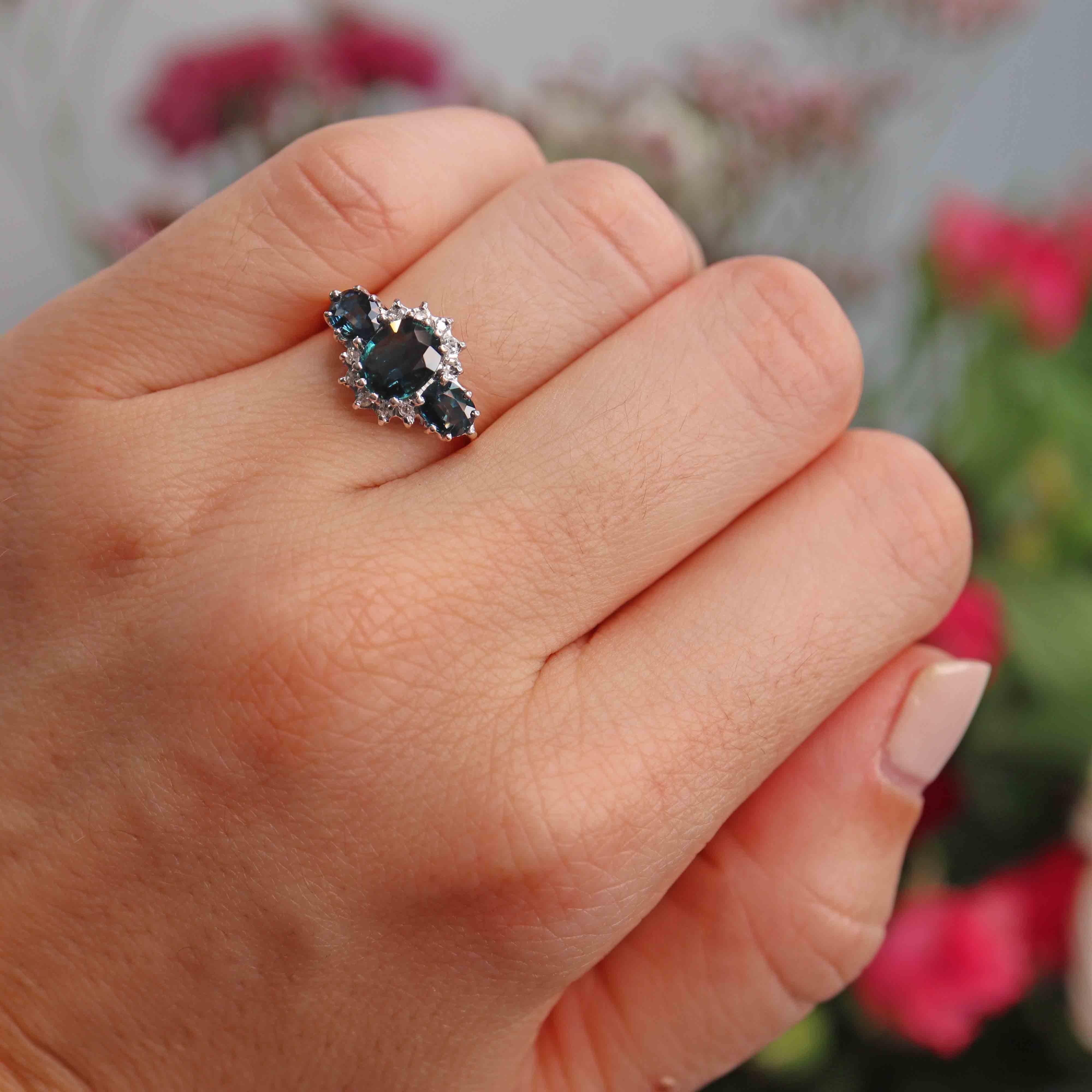 Ellibelle Jewellery Vintage 1970s Teal Sapphire & Diamond Triple Cluster Ring
