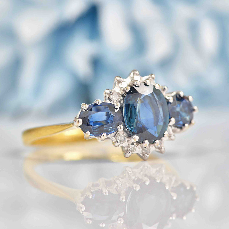 Ellibelle Jewellery Vintage 1970s Teal Sapphire & Diamond Triple Cluster Ring