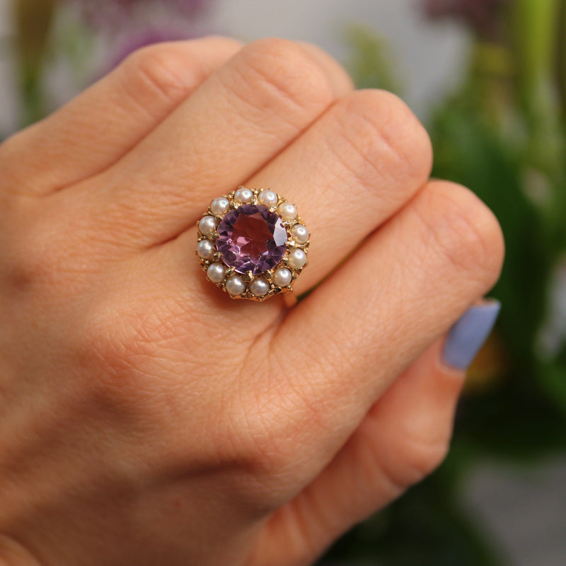 Ellibelle Jewellery Vintage 1971 Amethyst & Pearl Gold Cluster Ring