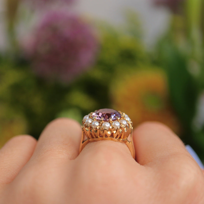 Ellibelle Jewellery Vintage 1971 Amethyst & Pearl Gold Cluster Ring