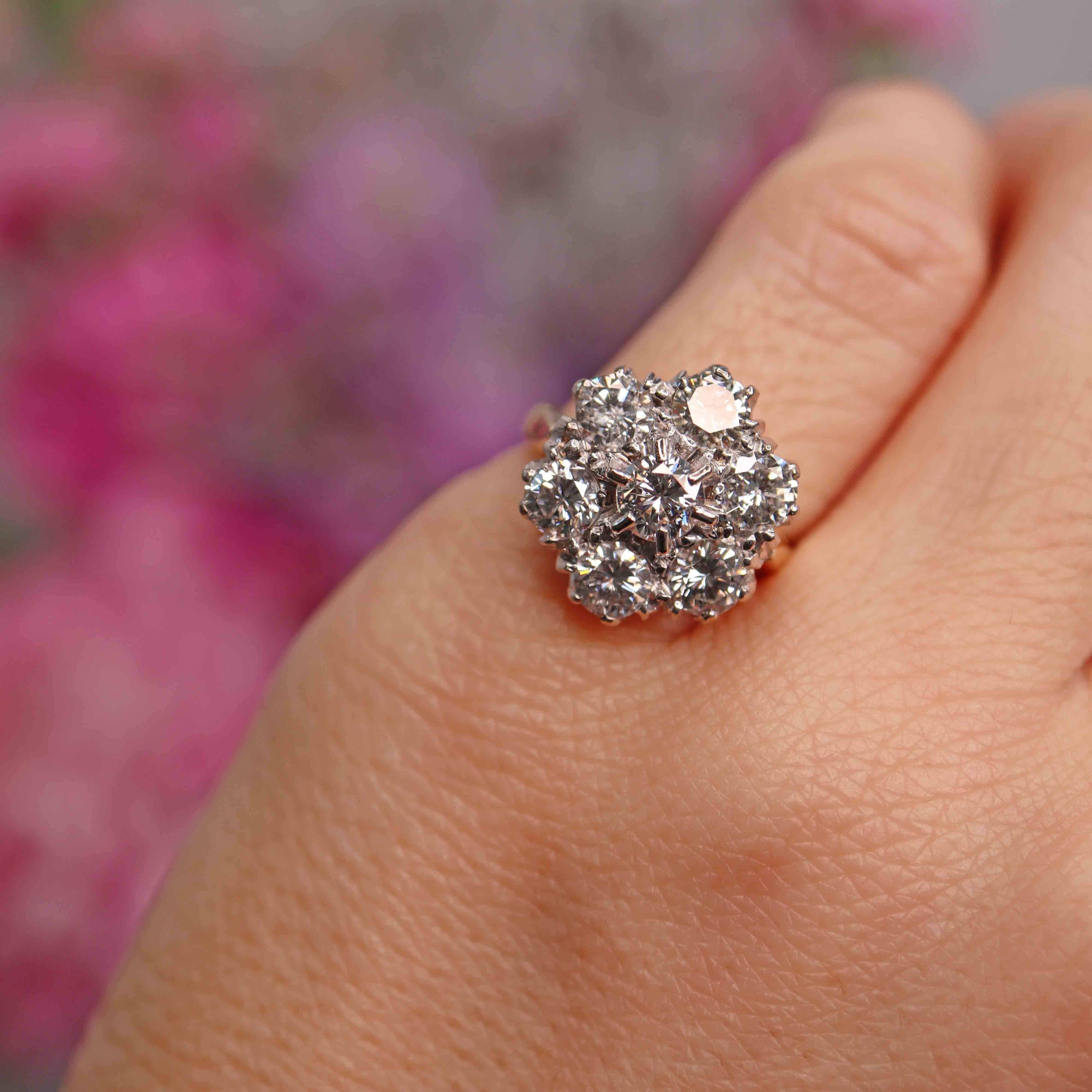 Ellibelle Jewellery Vintage 1971 Diamond 18ct Gold Seven-Stone Daisy Cluster Ring (2.10cts)