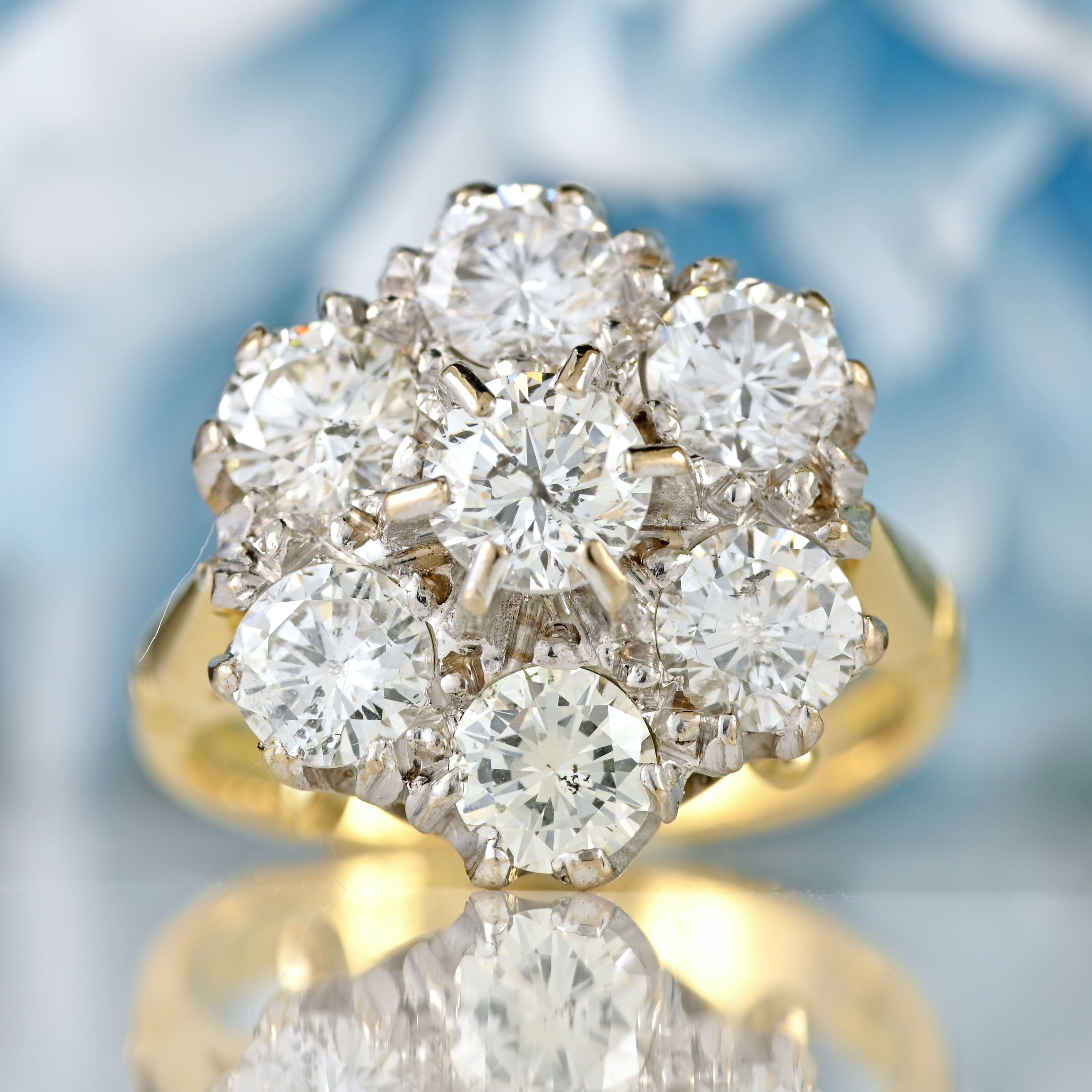 Ellibelle Jewellery Vintage 1971 Diamond 18ct Gold Seven-Stone Daisy Cluster Ring (2.10cts)