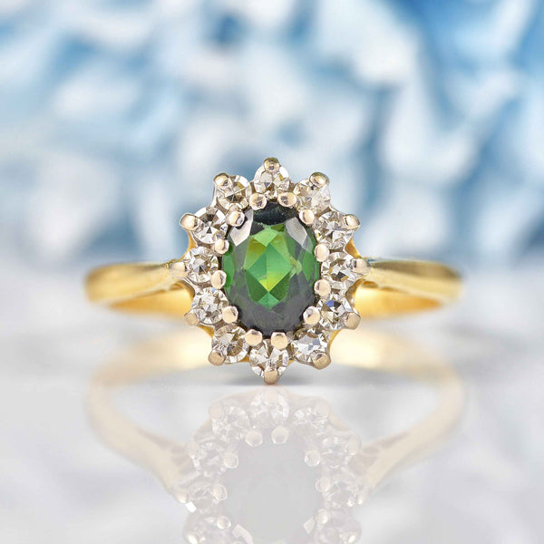Ellibelle Jewellery Vintage 1971 Green Tourmaline & Diamond Gold Cluster Ring