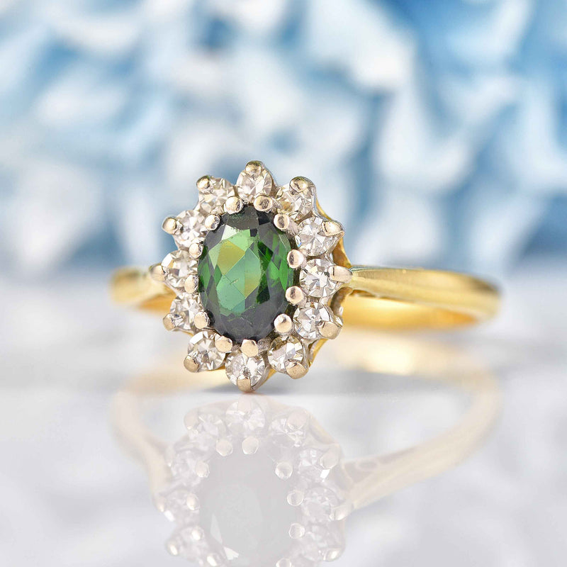 Ellibelle Jewellery Vintage 1971 Green Tourmaline & Diamond Gold Cluster Ring