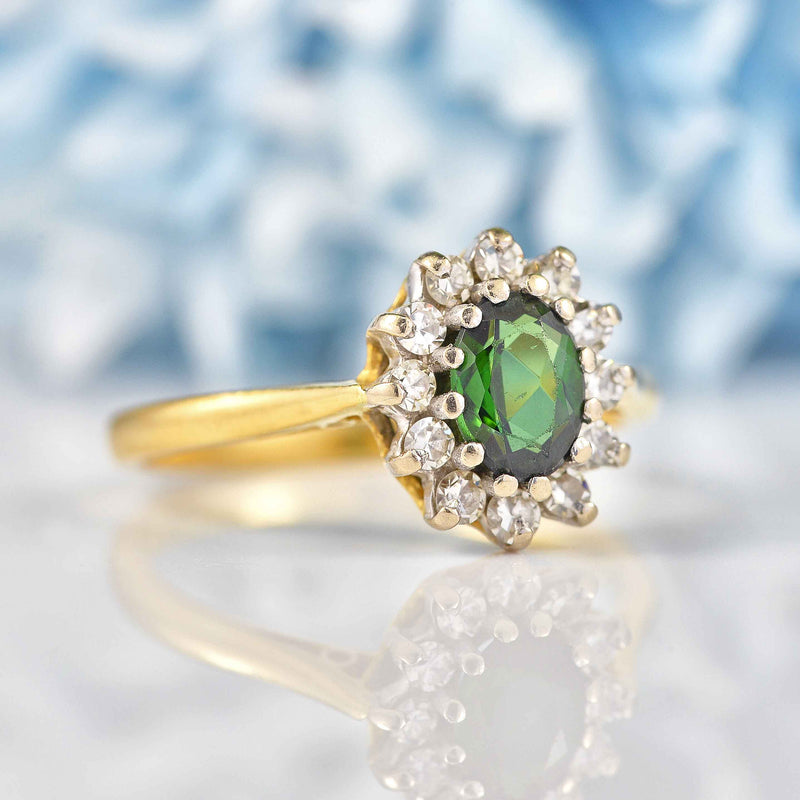 Ellibelle Jewellery Vintage 1971 Green Tourmaline & Diamond Gold Cluster Ring