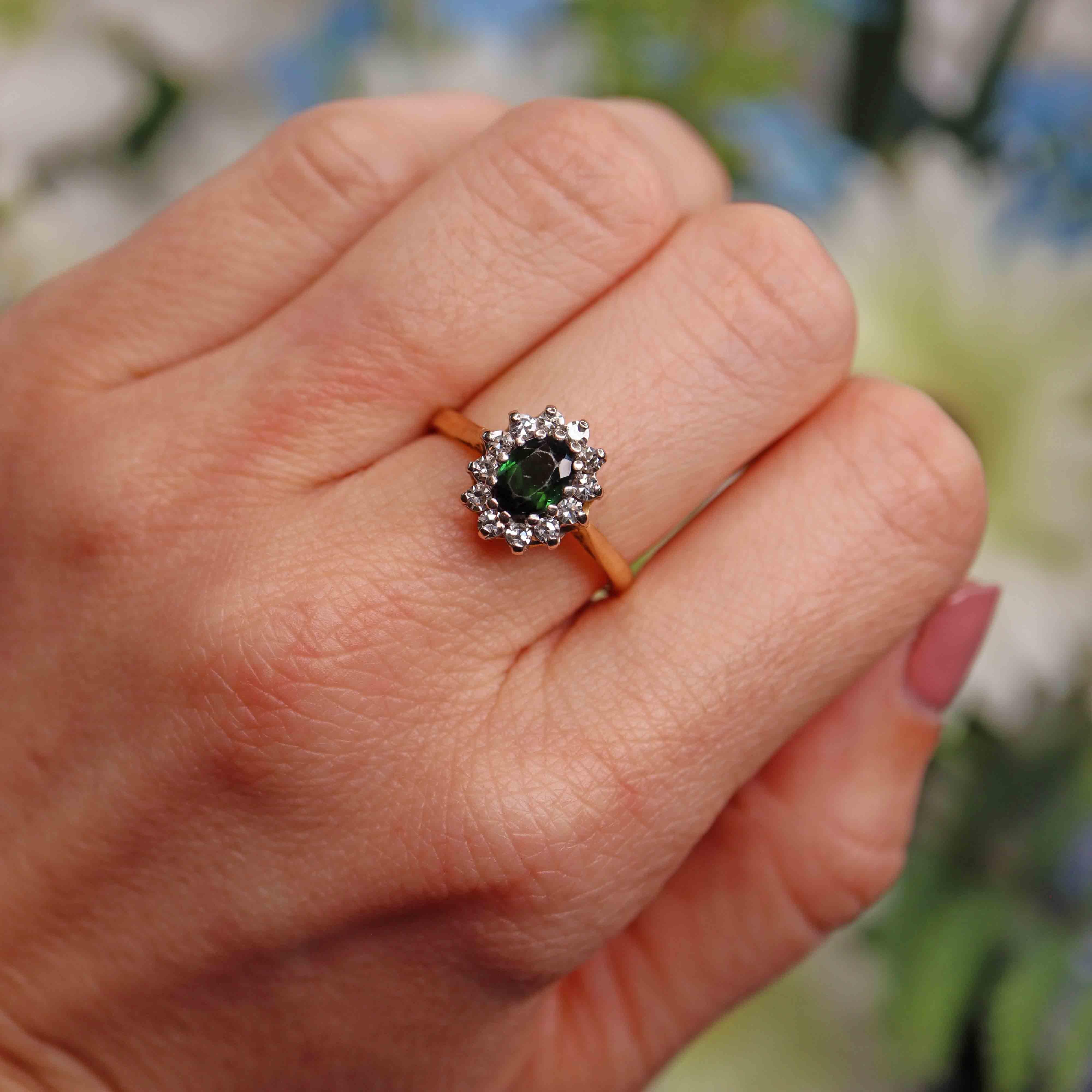 Ellibelle Jewellery Vintage 1971 Green Tourmaline & Diamond Gold Cluster Ring